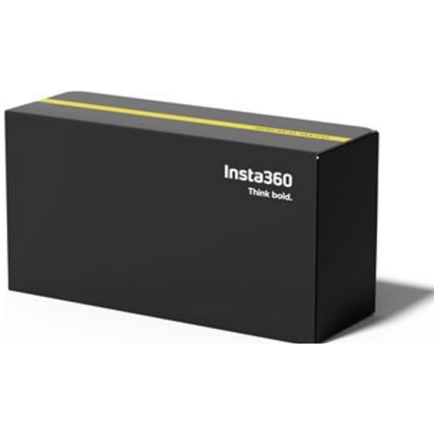 Zwarte Insta360 doos met gele streep en logo.