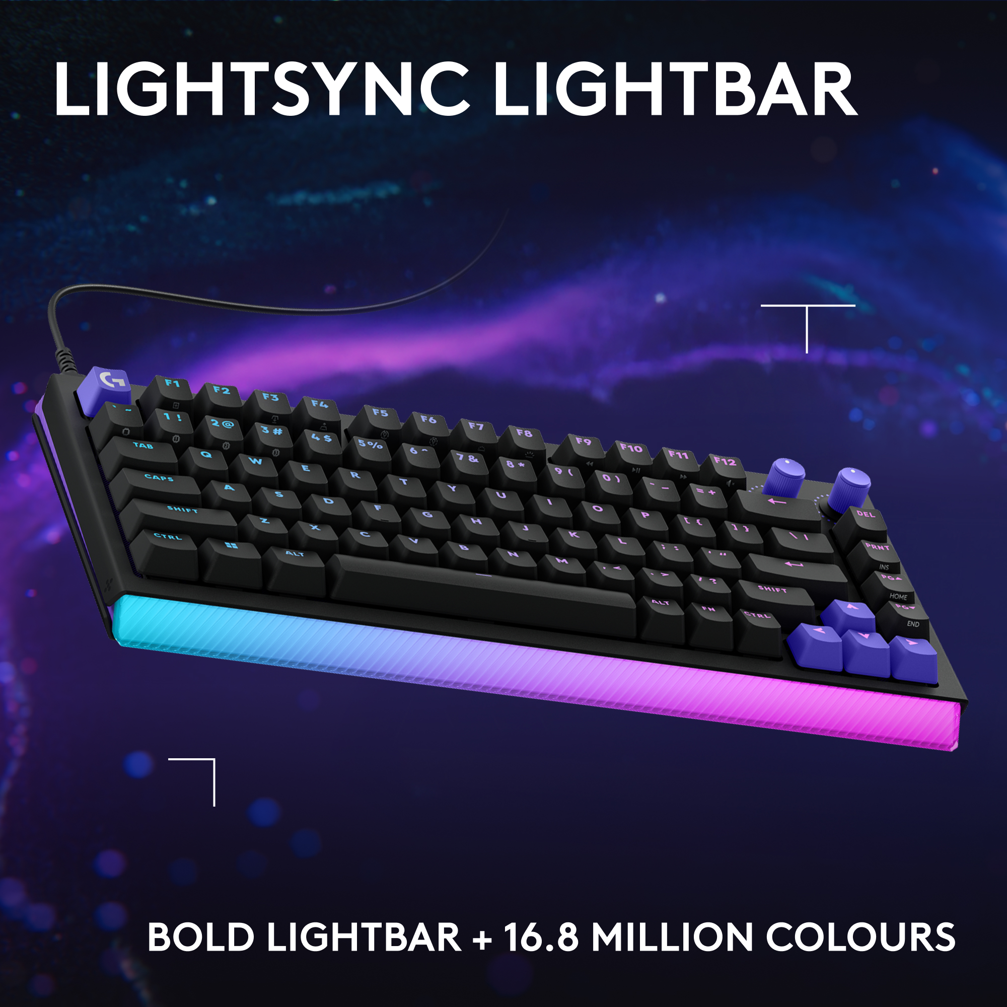 Schwarze Tastatur mit blau-violettem Licht, lila Tasten und zwei Reglern.
