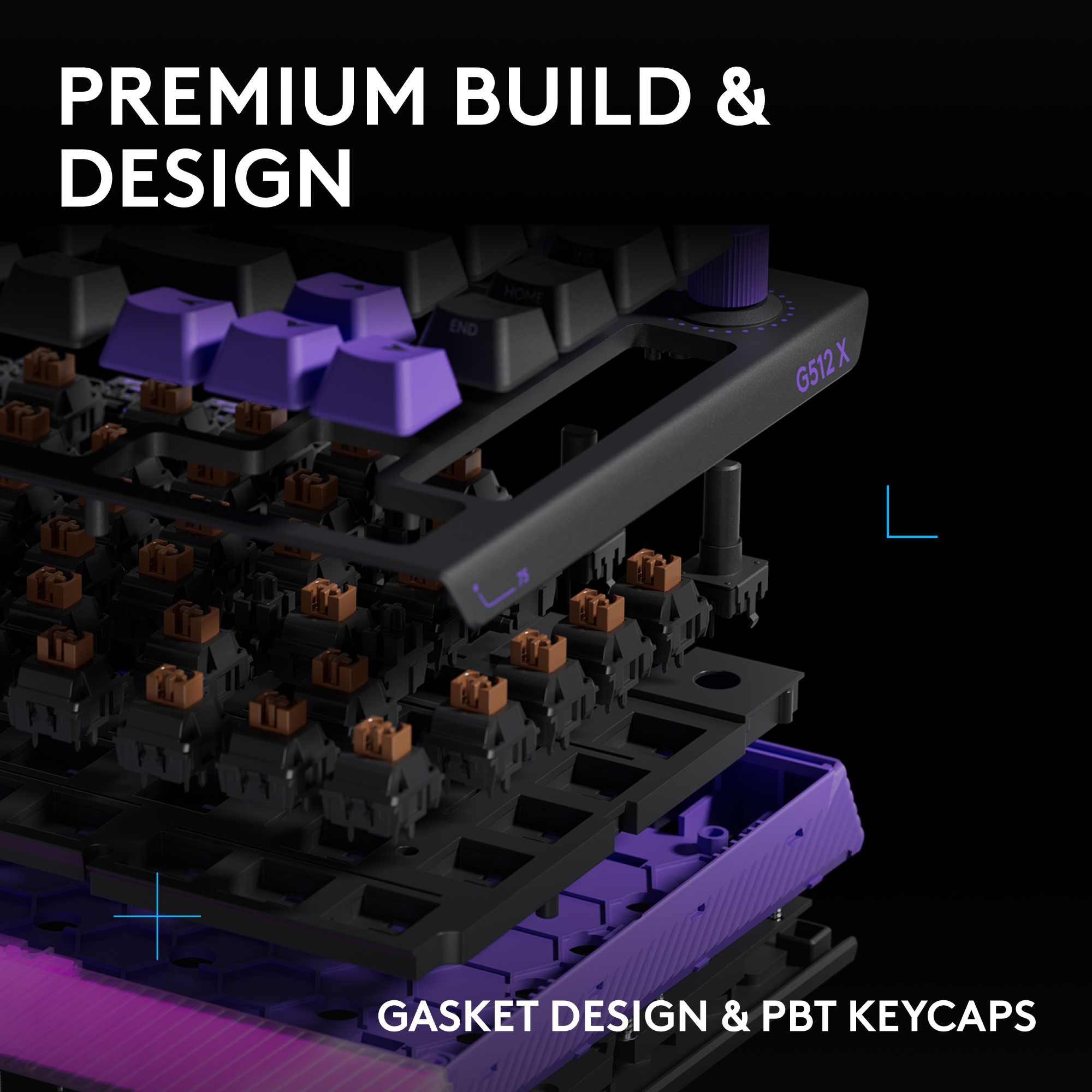 Explodierte Ansicht einer Tastatur mit violetten Tastenkappen und braunen Schaltern.