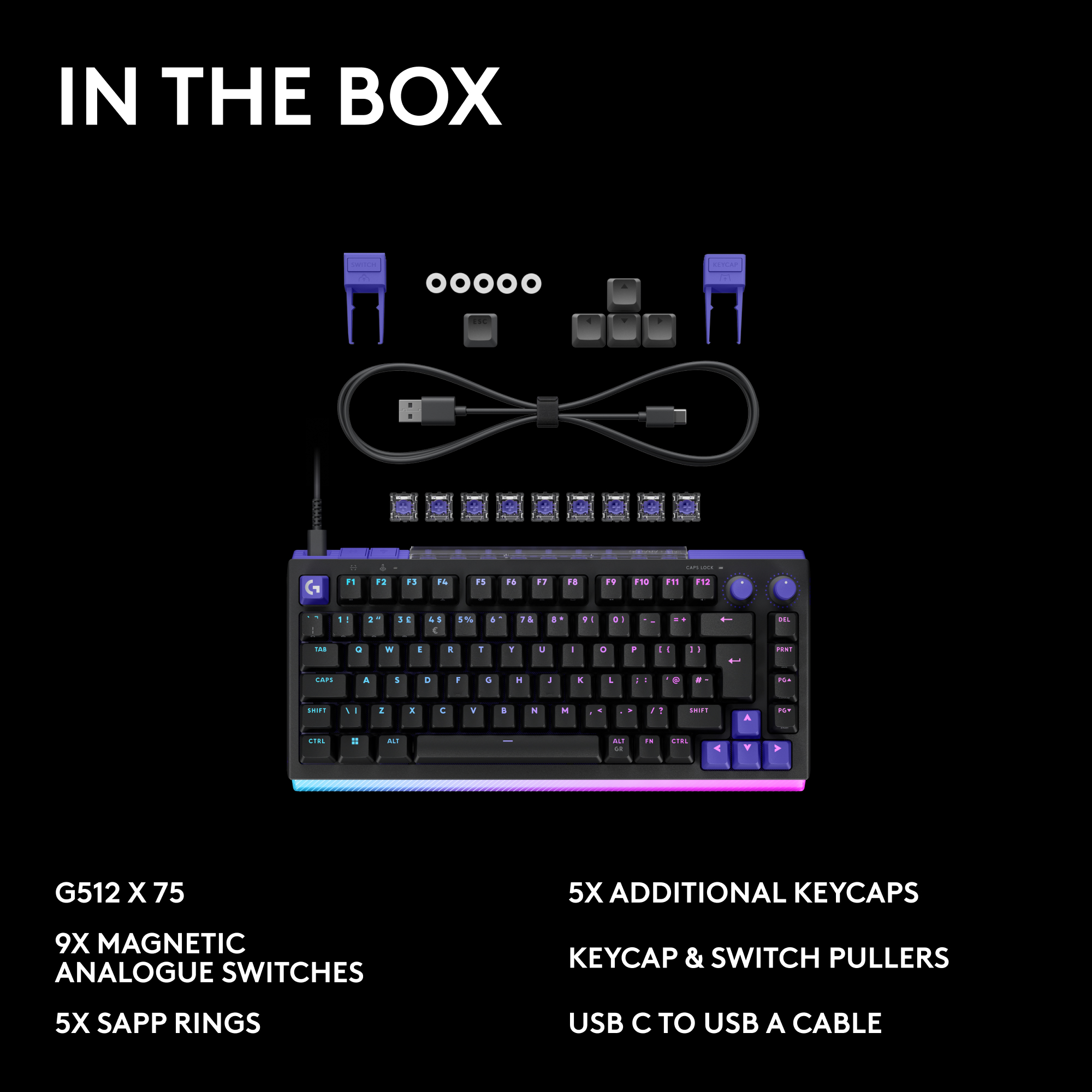 Inhalt der Verpackung: Tastatur, Kabel, Schalter, Keycaps und Werkzeuge.
