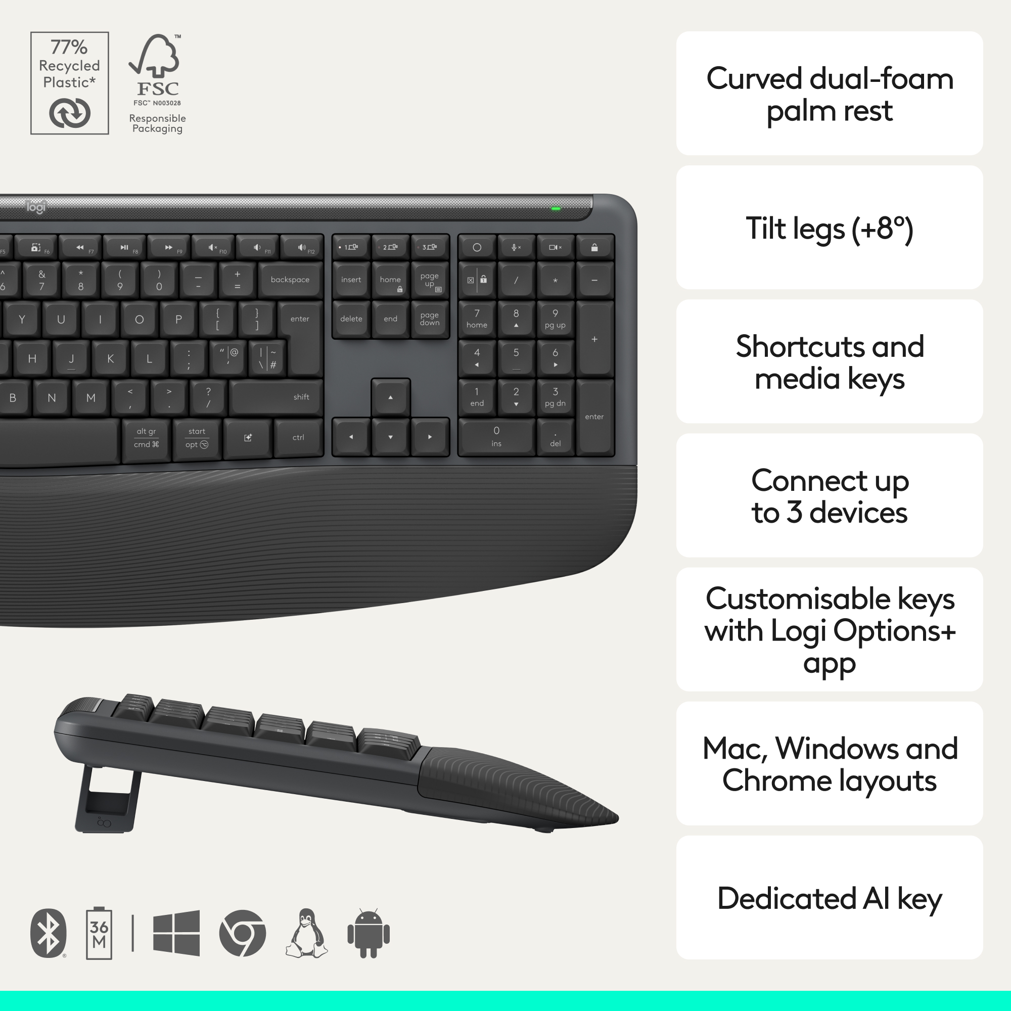 Dunkelgraue Tastatur mit geschwungener Handballenauflage und Symbolen unten.