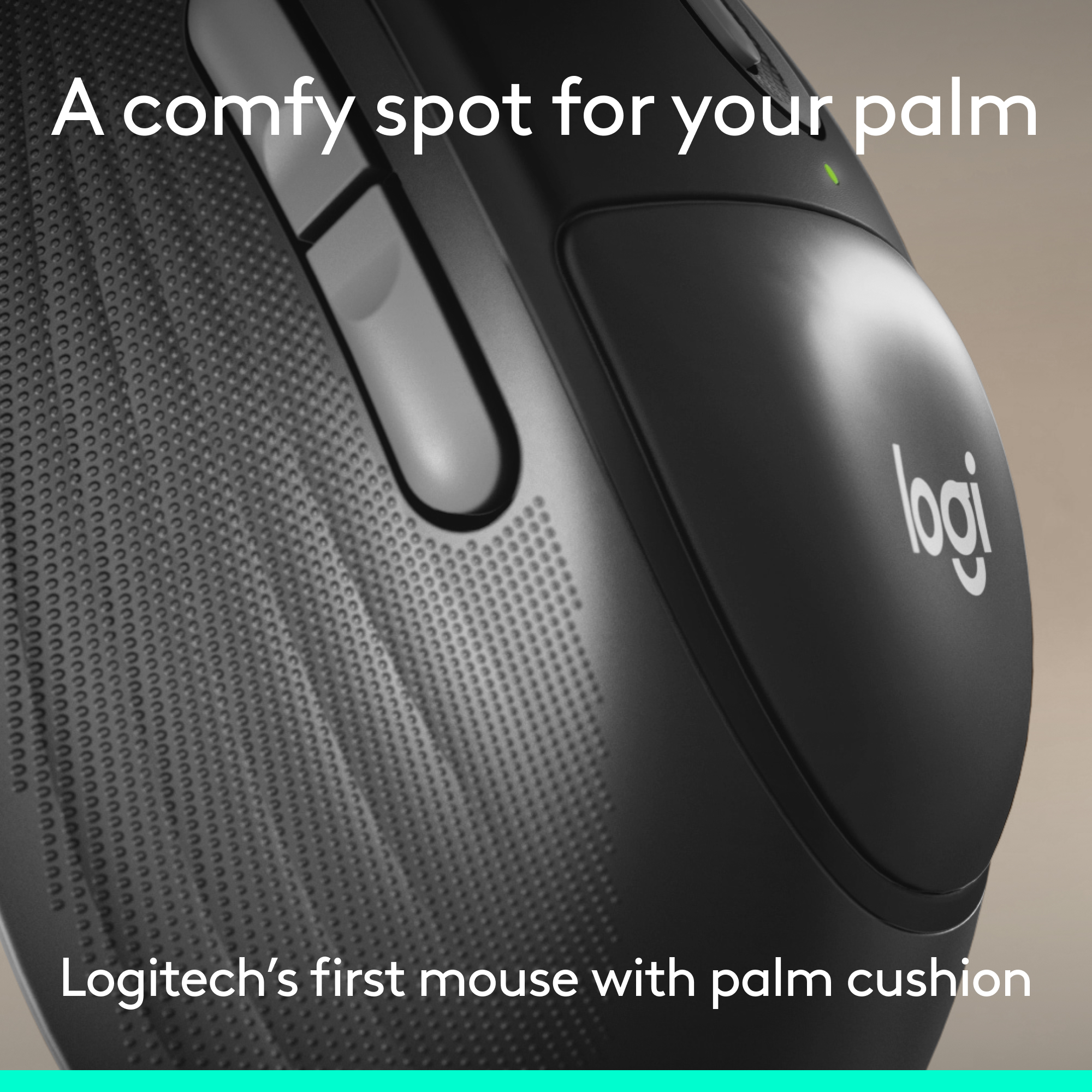 Schwarze Logitech-Maus mit gepolstertem Handballenauflage und Text.