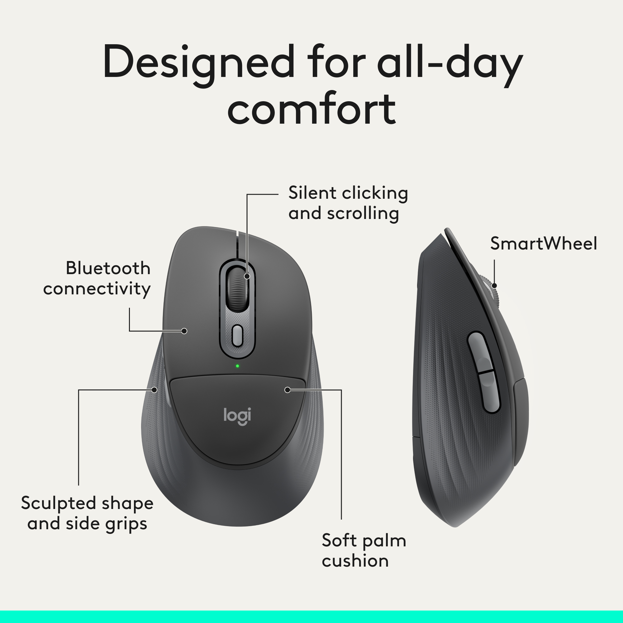 Graue Logitech Maus mit Beschriftungen für Bluetooth, SmartWheel und Komfort.