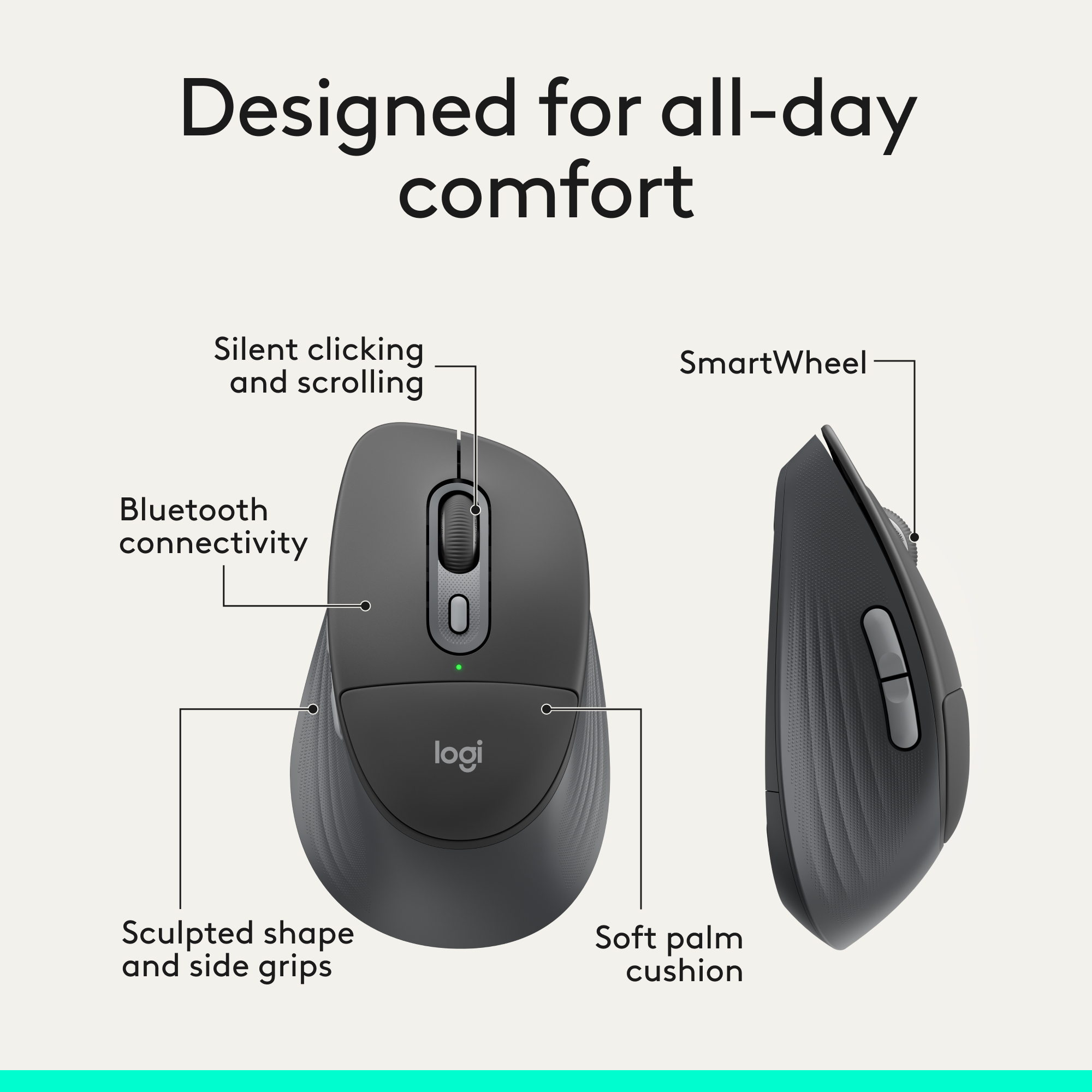 Mouse Logitech grigio con etichette che evidenziano le caratteristiche di comfort.