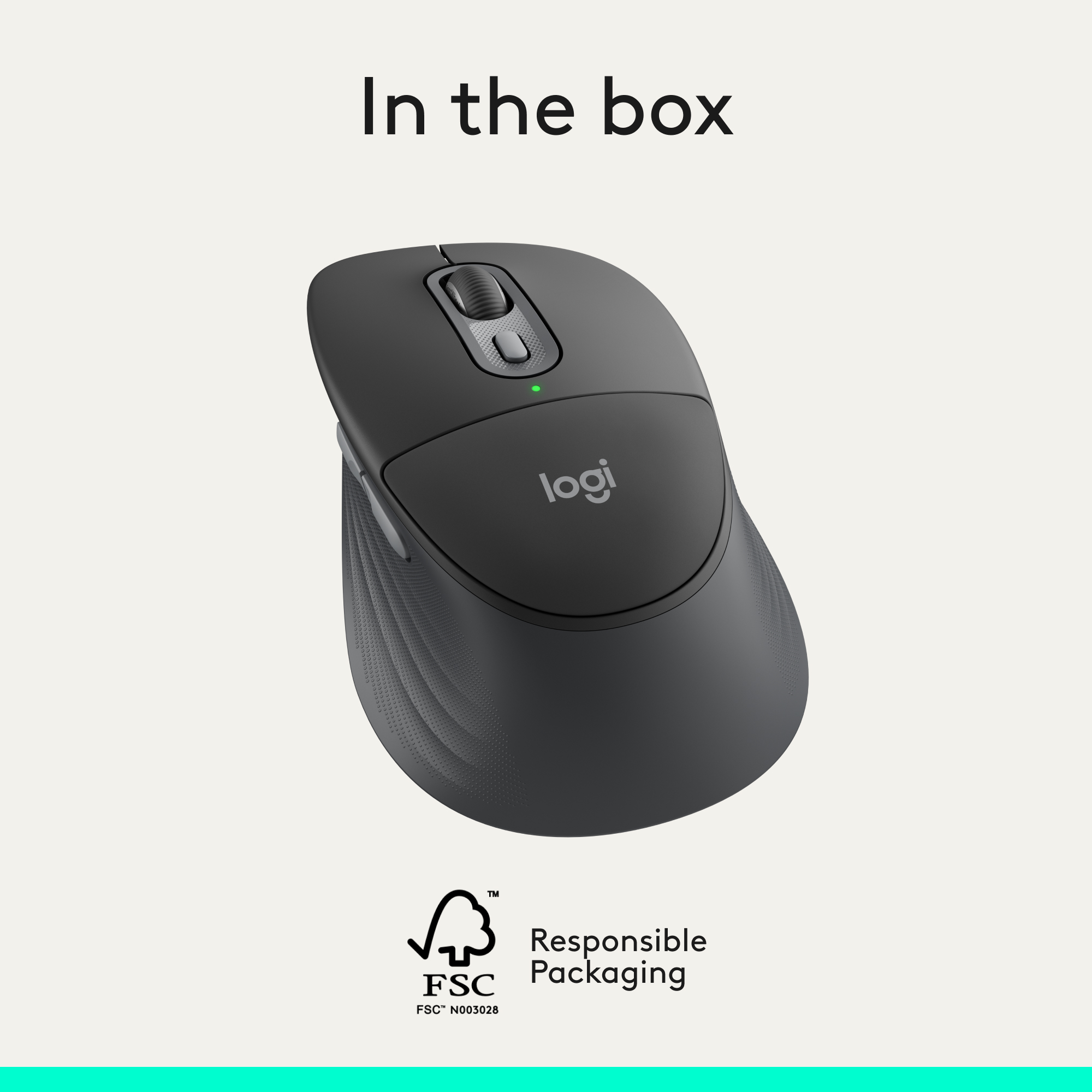 Un mouse Logitech nero con rotellina e luce verde. Il logo FSC è in basso.