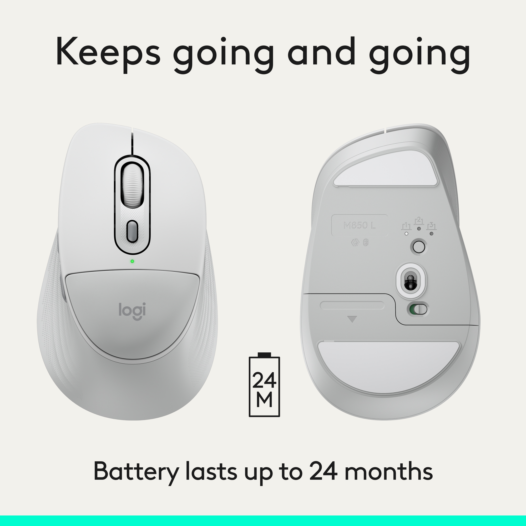 Mouse Logitech bianco, viste dall'alto e dal basso. Icona batteria indica 24 mesi.