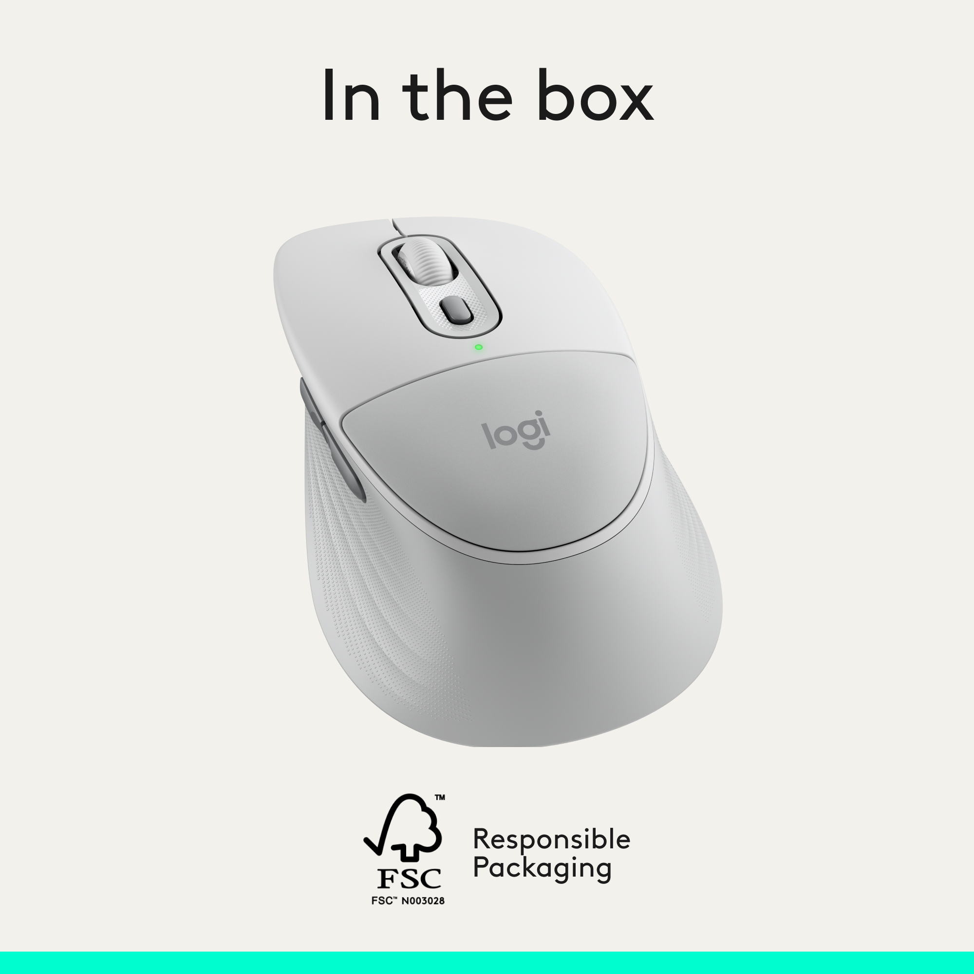 Un mouse Logitech bianco con rotellina e LED verde, con logo FSC.