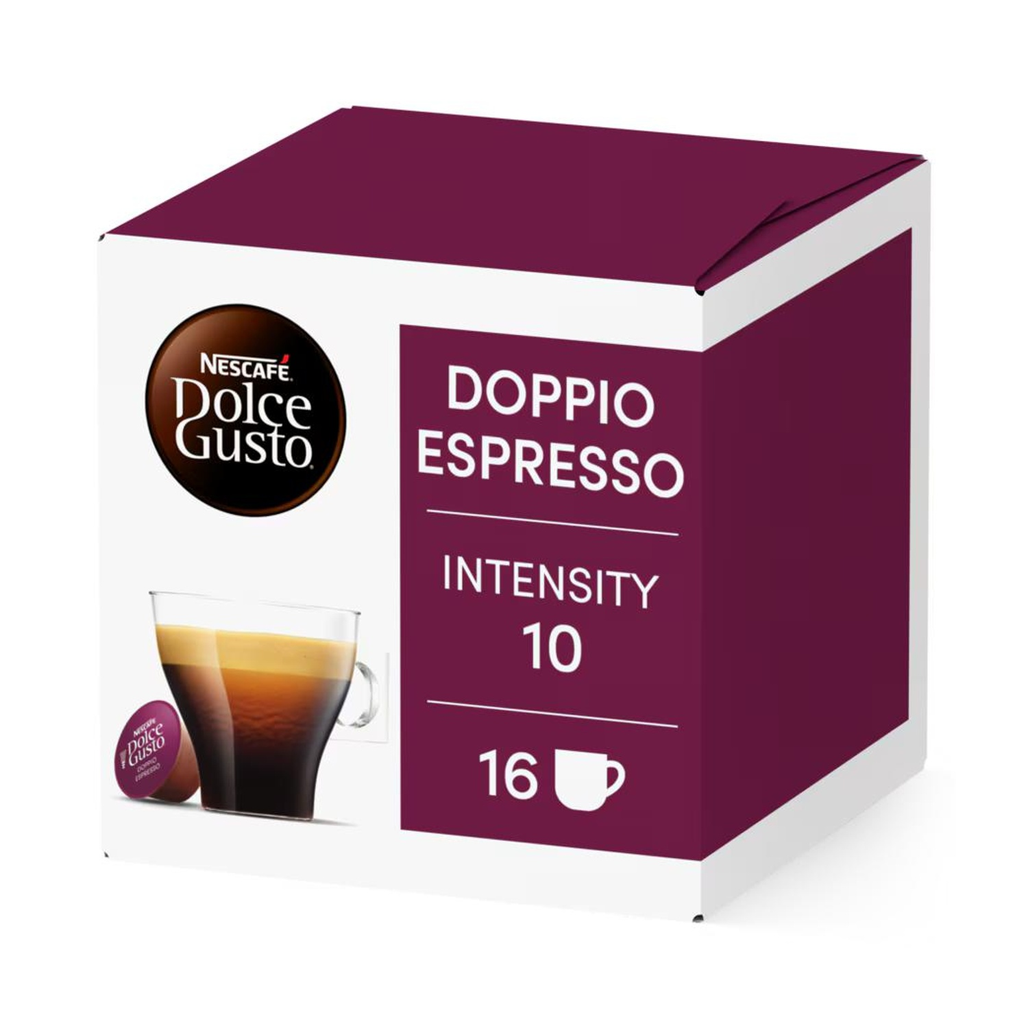 Confezione Nescafe Dolce Gusto Doppio Espresso con tazza di caffè e capsula.