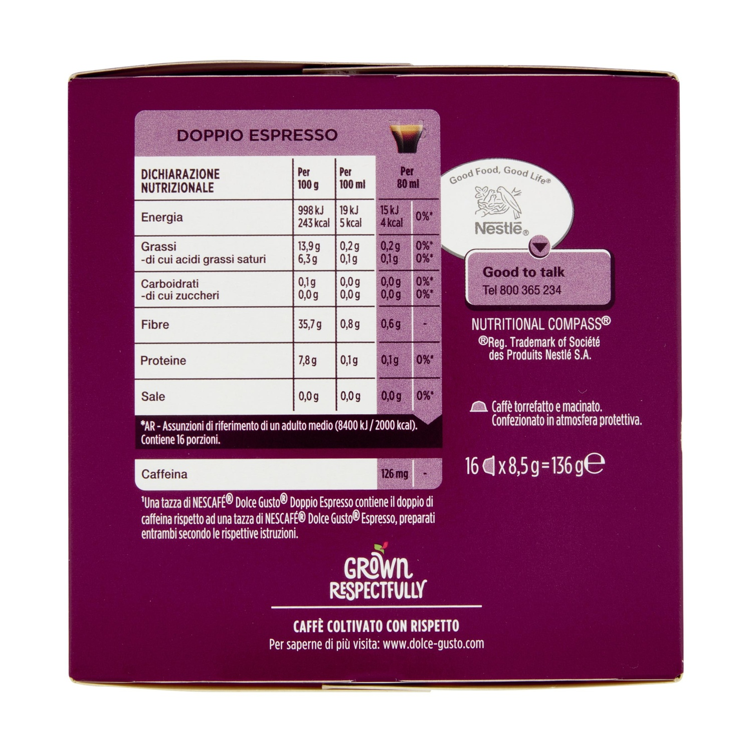 Confezione con informazioni nutrizionali per Nescafé Dolce Gusto Doppio Espresso.