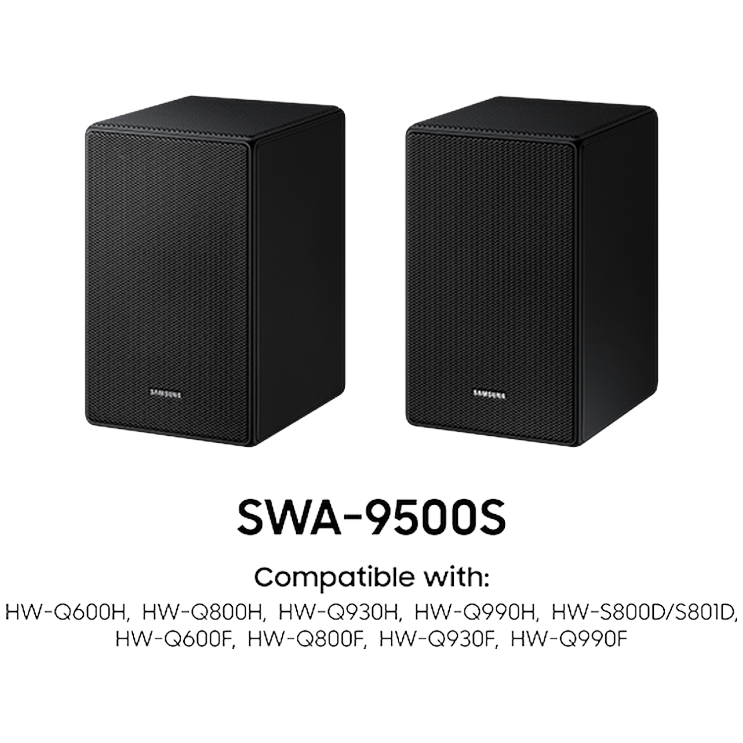Twee zwarte Samsung SWA-9500S luidsprekers op zwarte achtergrond.