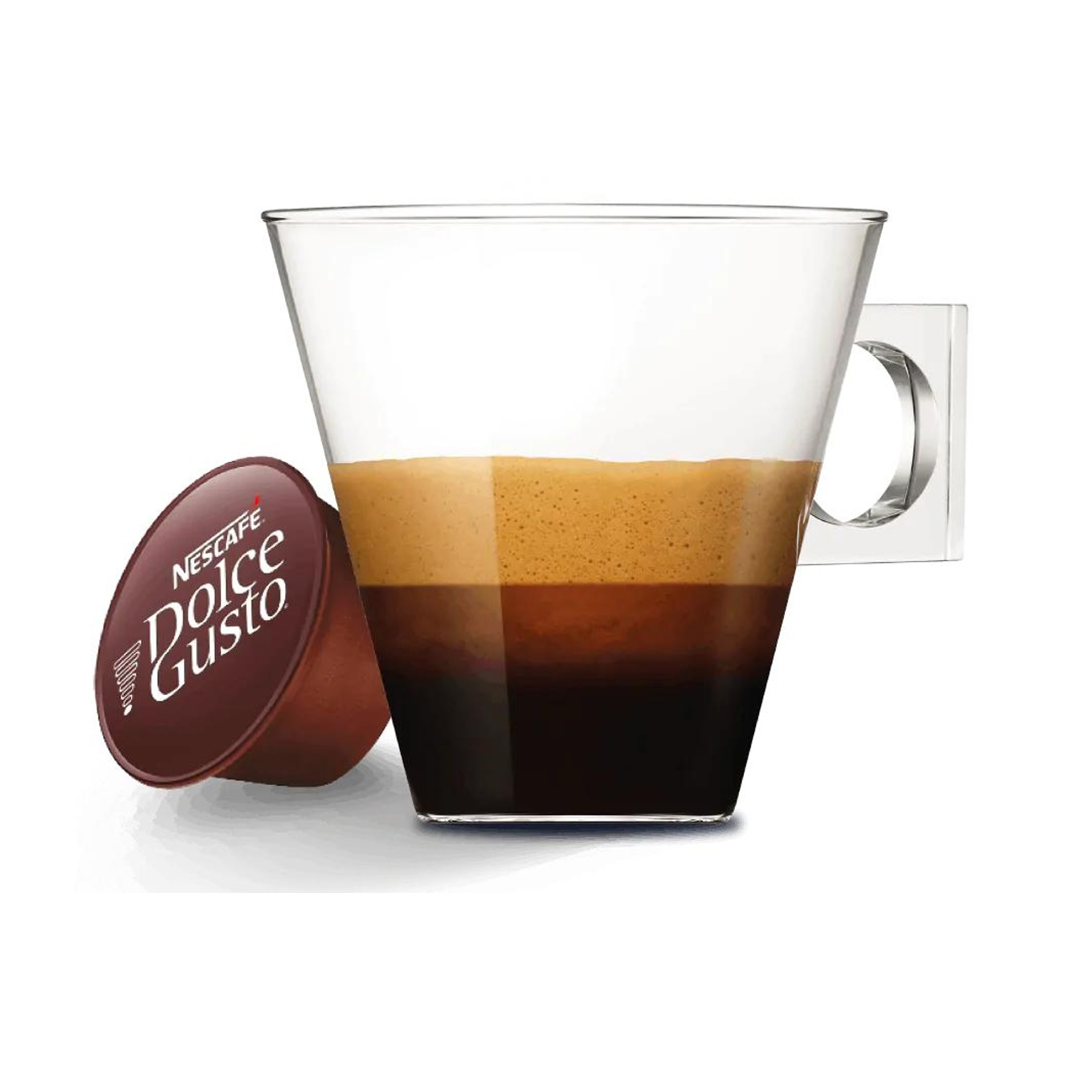 Una capsula Nespresso Dolce Gusto accanto a un bicchiere di espresso con crema.