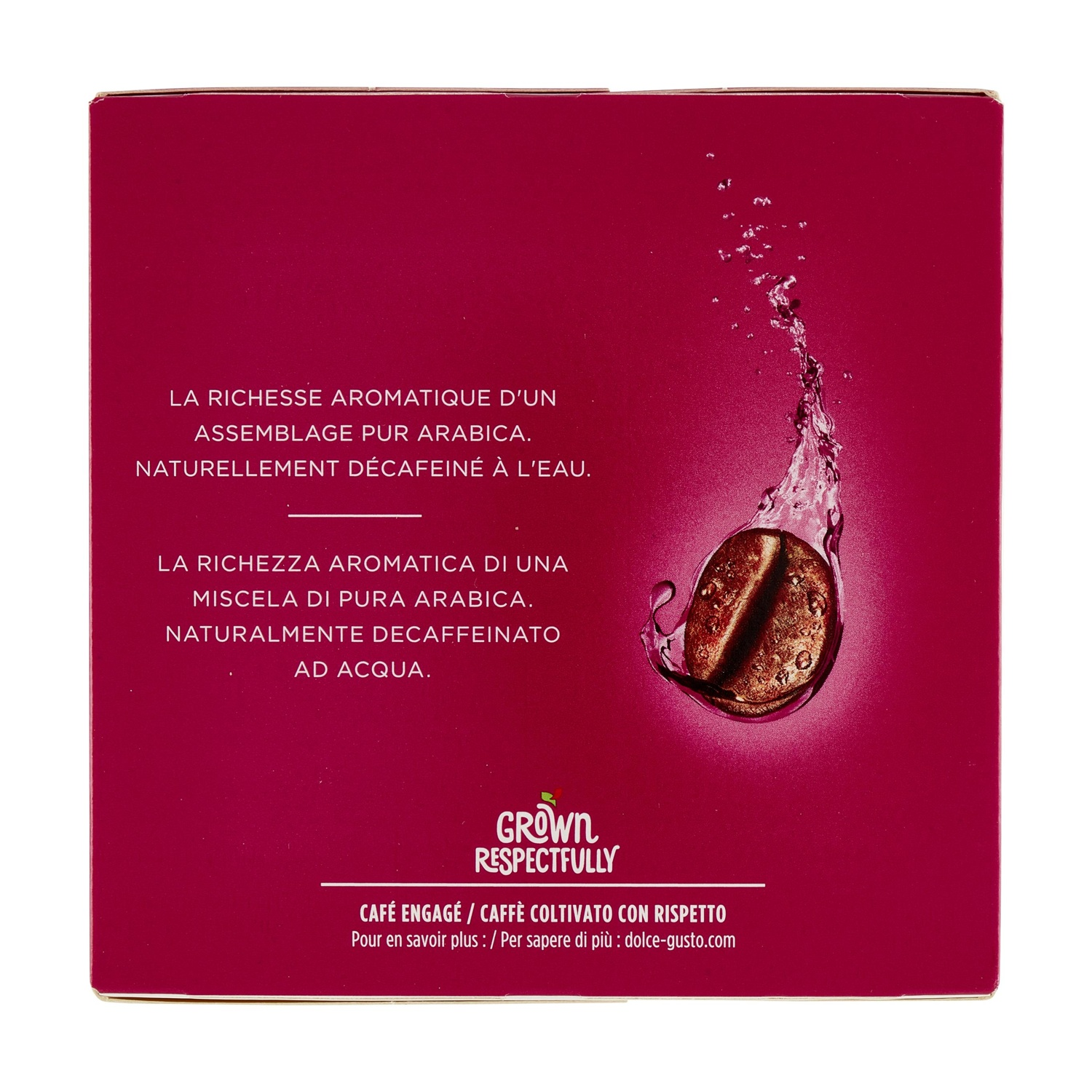 Scatola con testo bilingue e immagine di un chicco di caffè con gocce d'acqua.