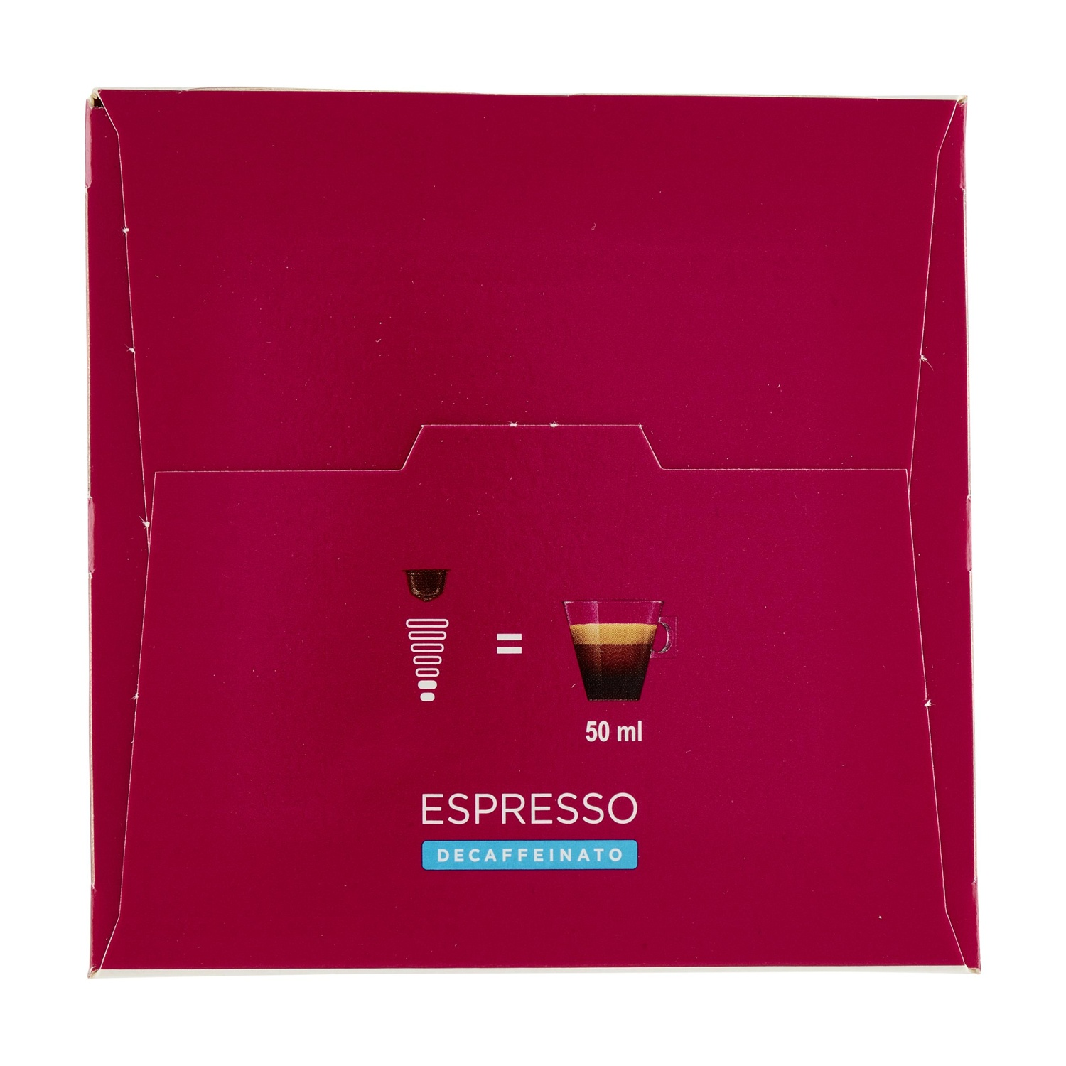 Una scatola magenta con 'ESPRESSO DECAFFEINATO' e un'illustrazione di tazzina da espresso.