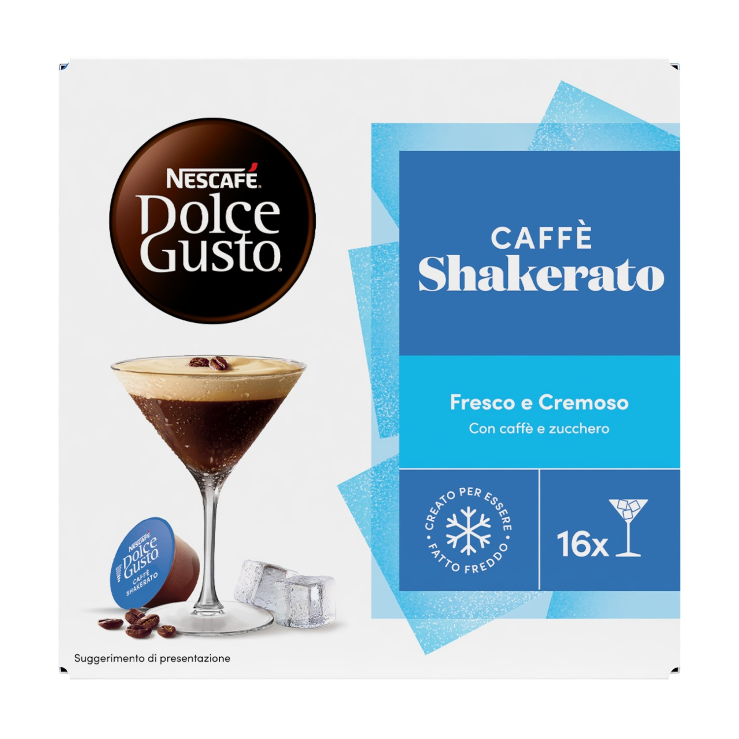 Nescafe Dolce Gusto Caffe Shakerato: caffè in coppa da martini, capsula, chicchi, cubetti ghiaccio.