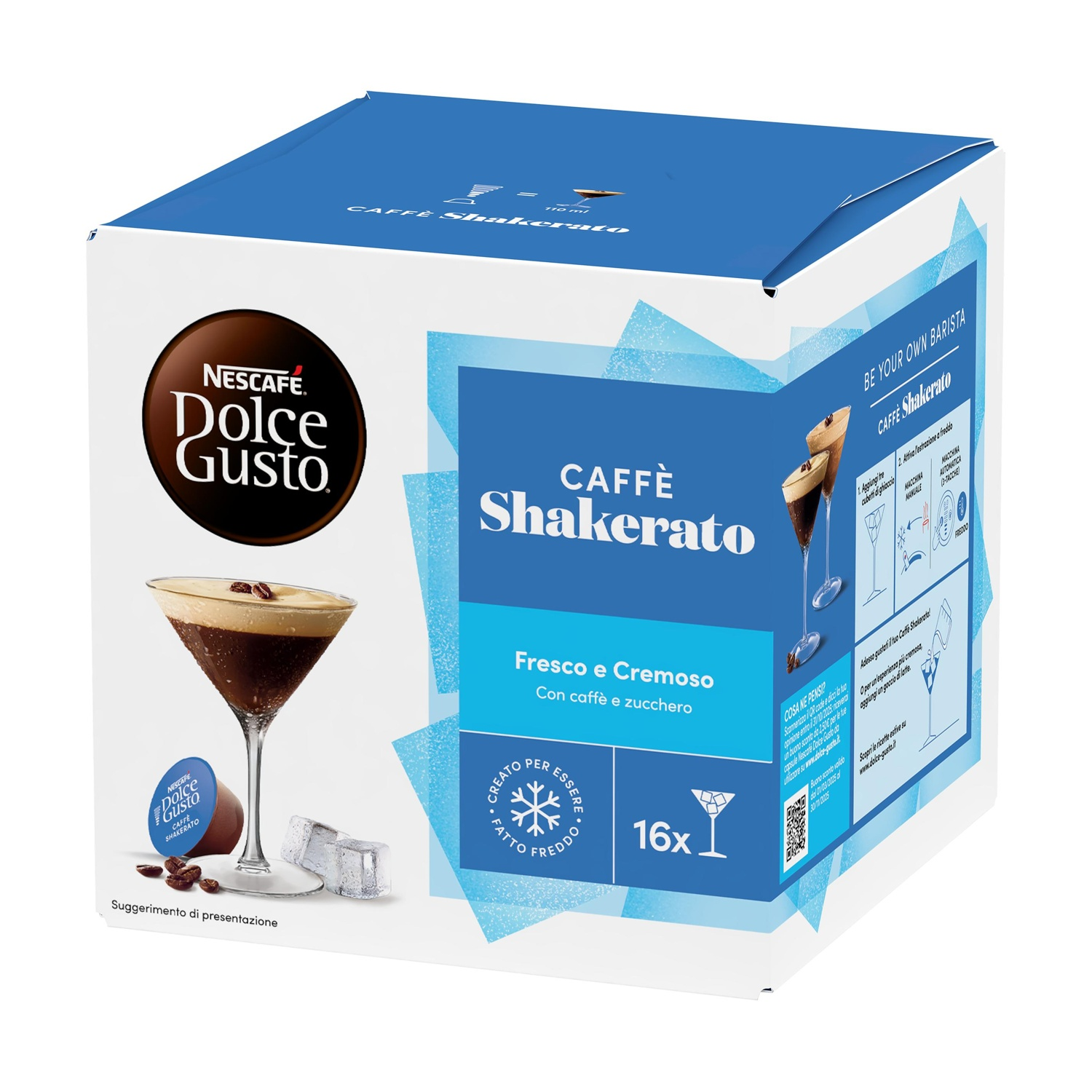 Confezione Nescafe Dolce Gusto Caffe Shakerato con bicchiere e capsula.
