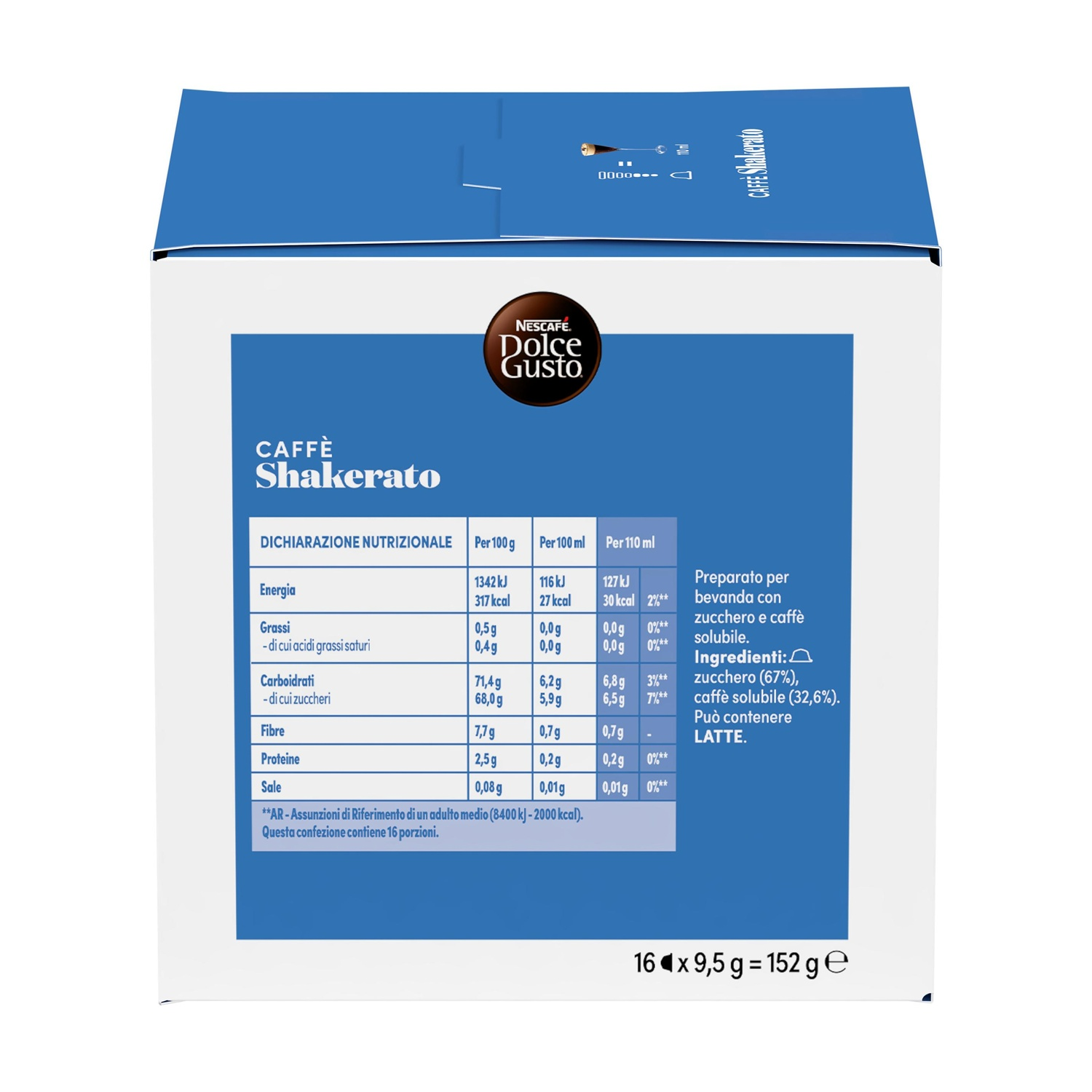 Confezione Nescafé Dolce Gusto Caffè Shakerato con valori nutrizionali e ingredienti.