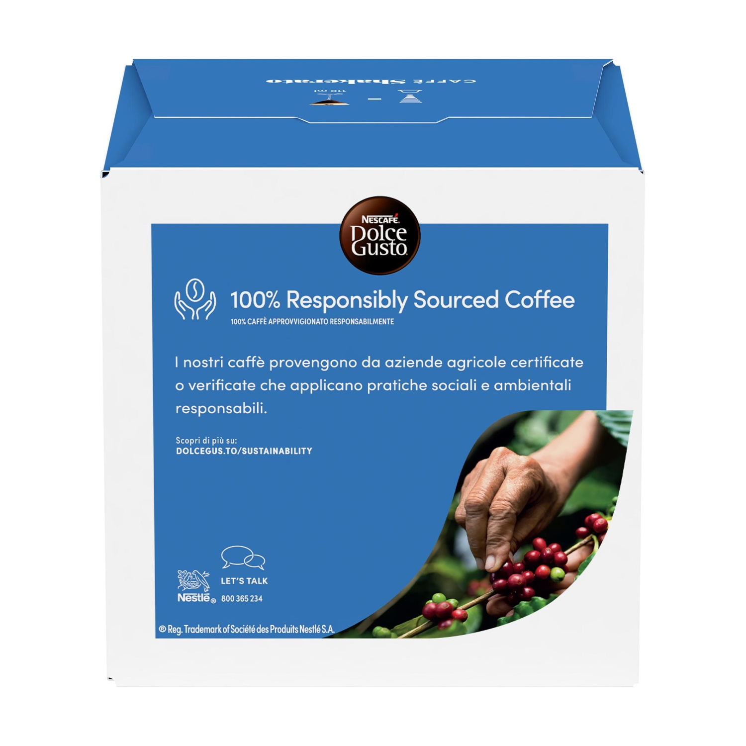 Ciliegie di caffè raccolte a mano. Confezione Nescafé Dolce Gusto.