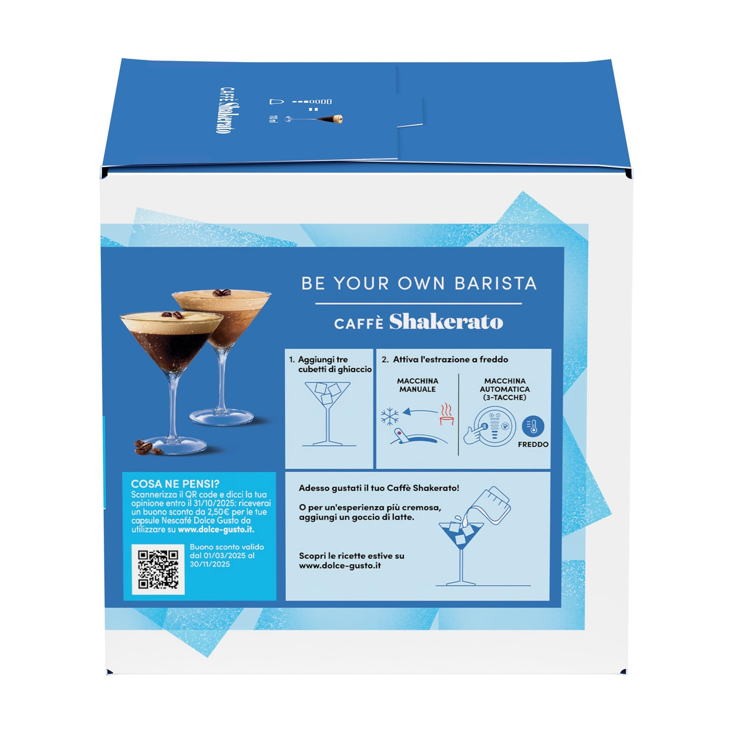 Scatola Nescafé Dolce Gusto Caffè Shakerato con due cocktail e istruzioni per la preparazione.