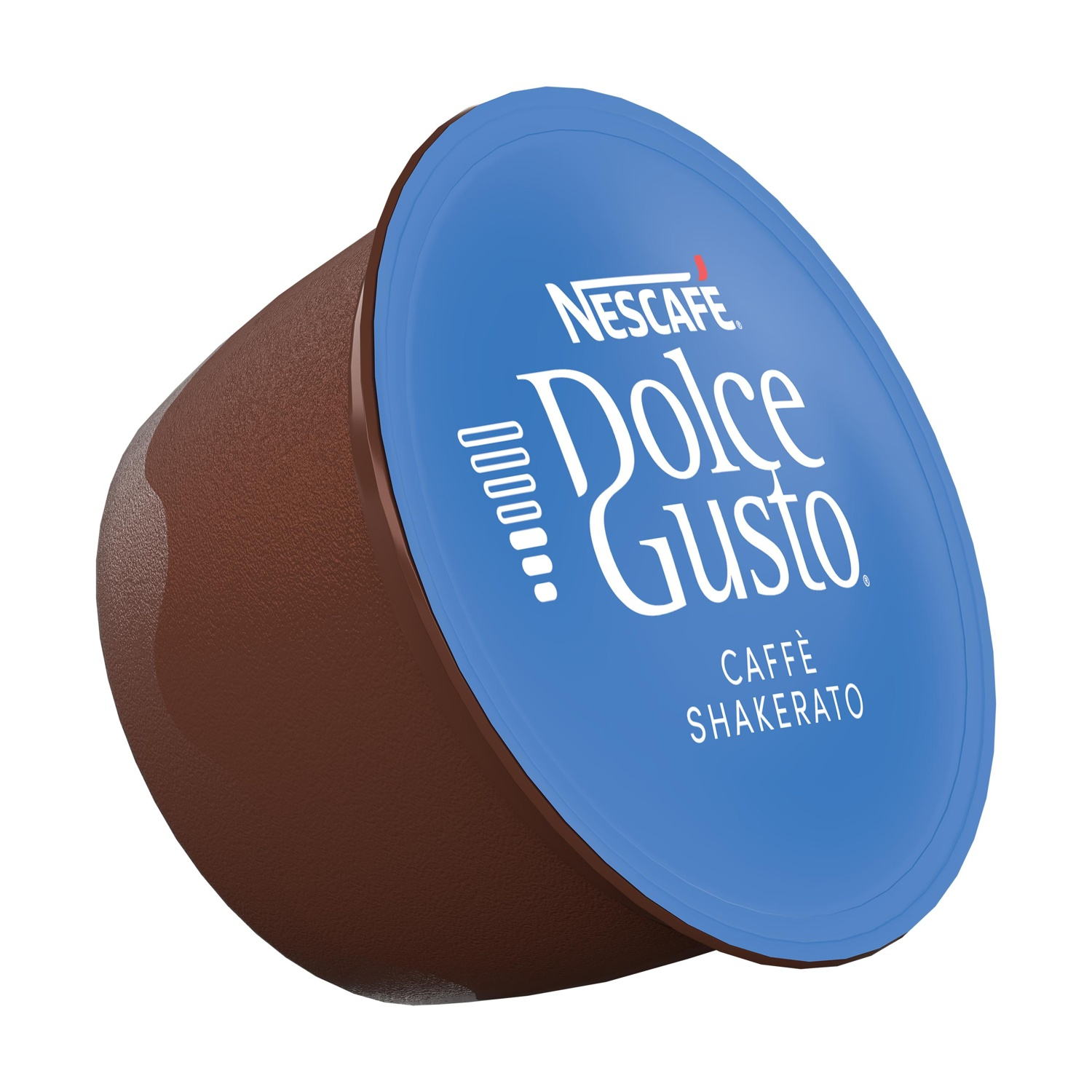 Una capsula di caffè marrone con coperchio blu, Nescafé Dolce Gusto Caffè Shakerato.