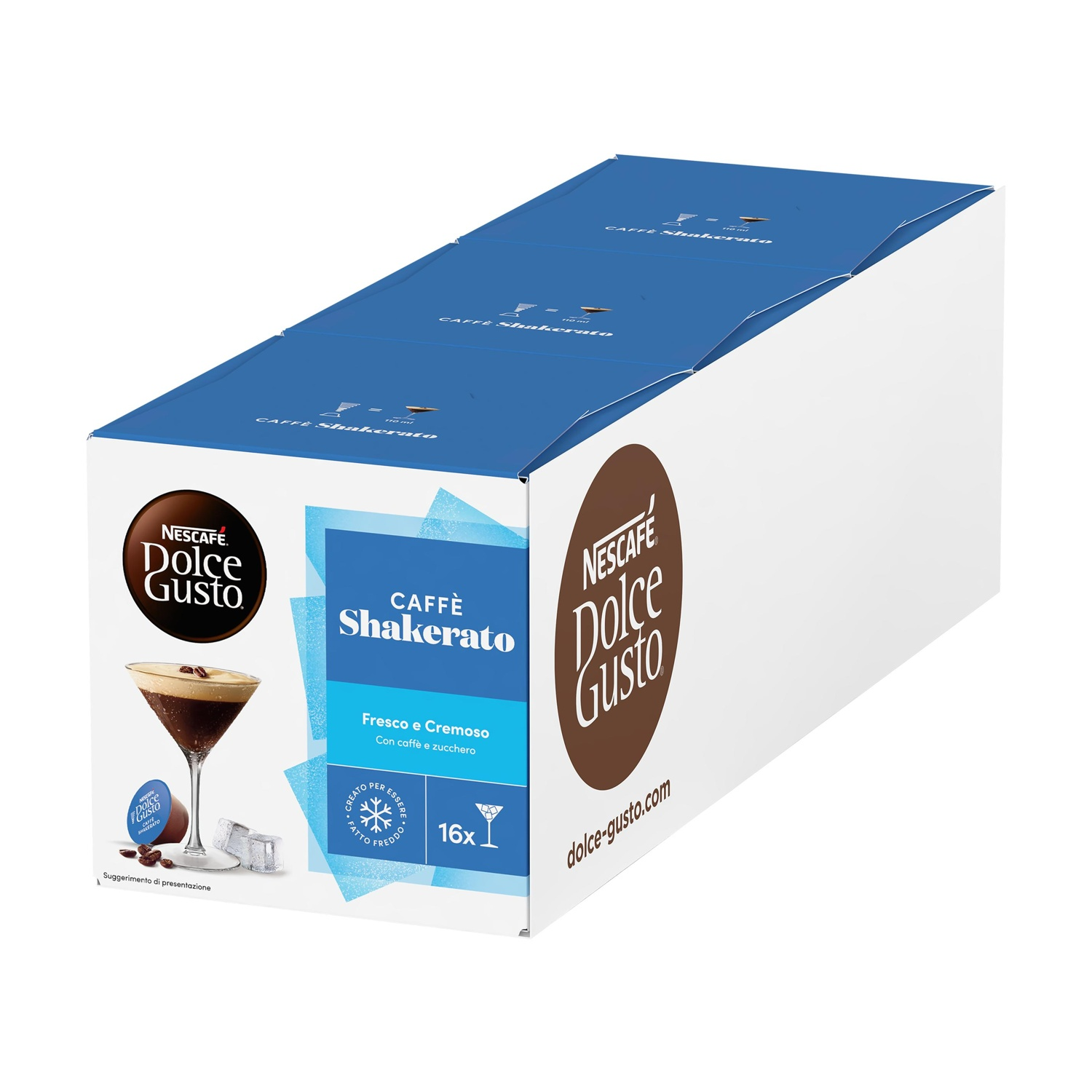 Scatola Nescafé Dolce Gusto Caffè Shakerato con caffè e cubetti di ghiaccio.