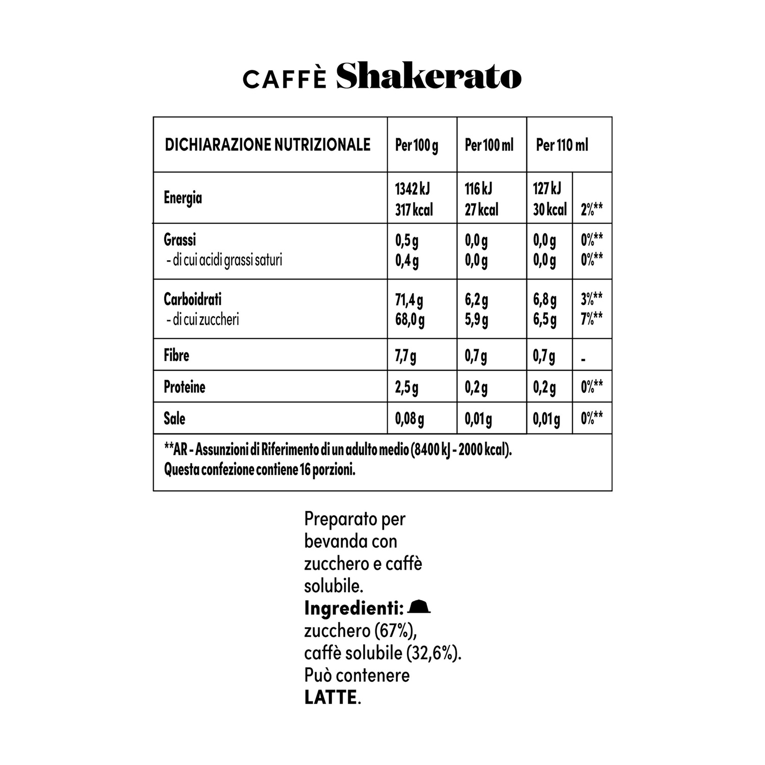 Tabella nutrizionale CAFFÈ Shakerato con energia, grassi, carboidrati, fibre, proteine, sale.