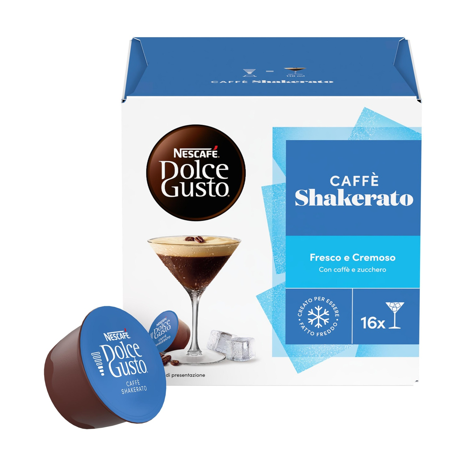 Capsule Nescafe Dolce Gusto Caffè Shakerato e un cocktail in un bicchiere con cubetti di ghiaccio.