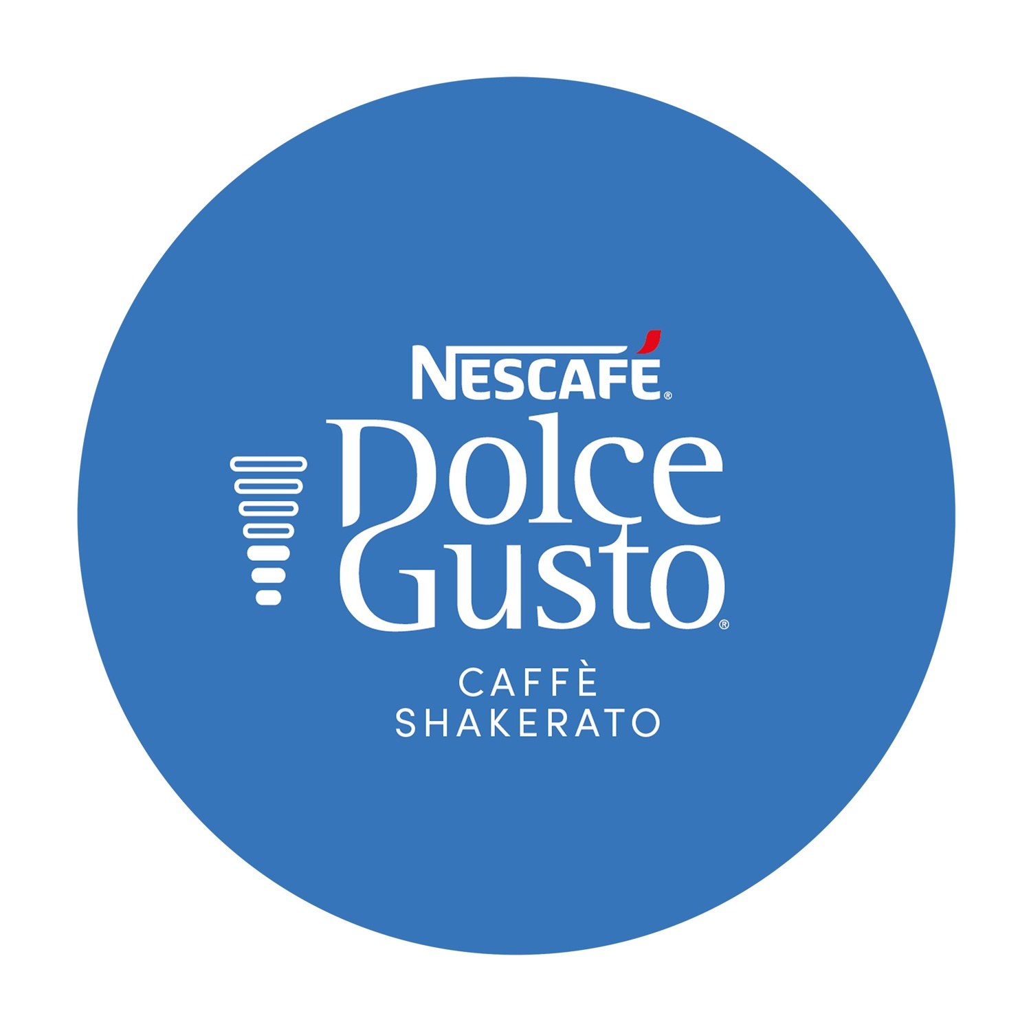 Cerchio blu con testo Nescafé Dolce Gusto Caffe Shakerato.