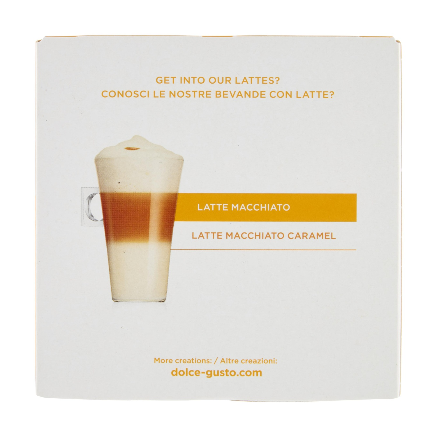 Un latte macchiato stratificato con schiuma, testo 'Latte Macchiato Caramel'.