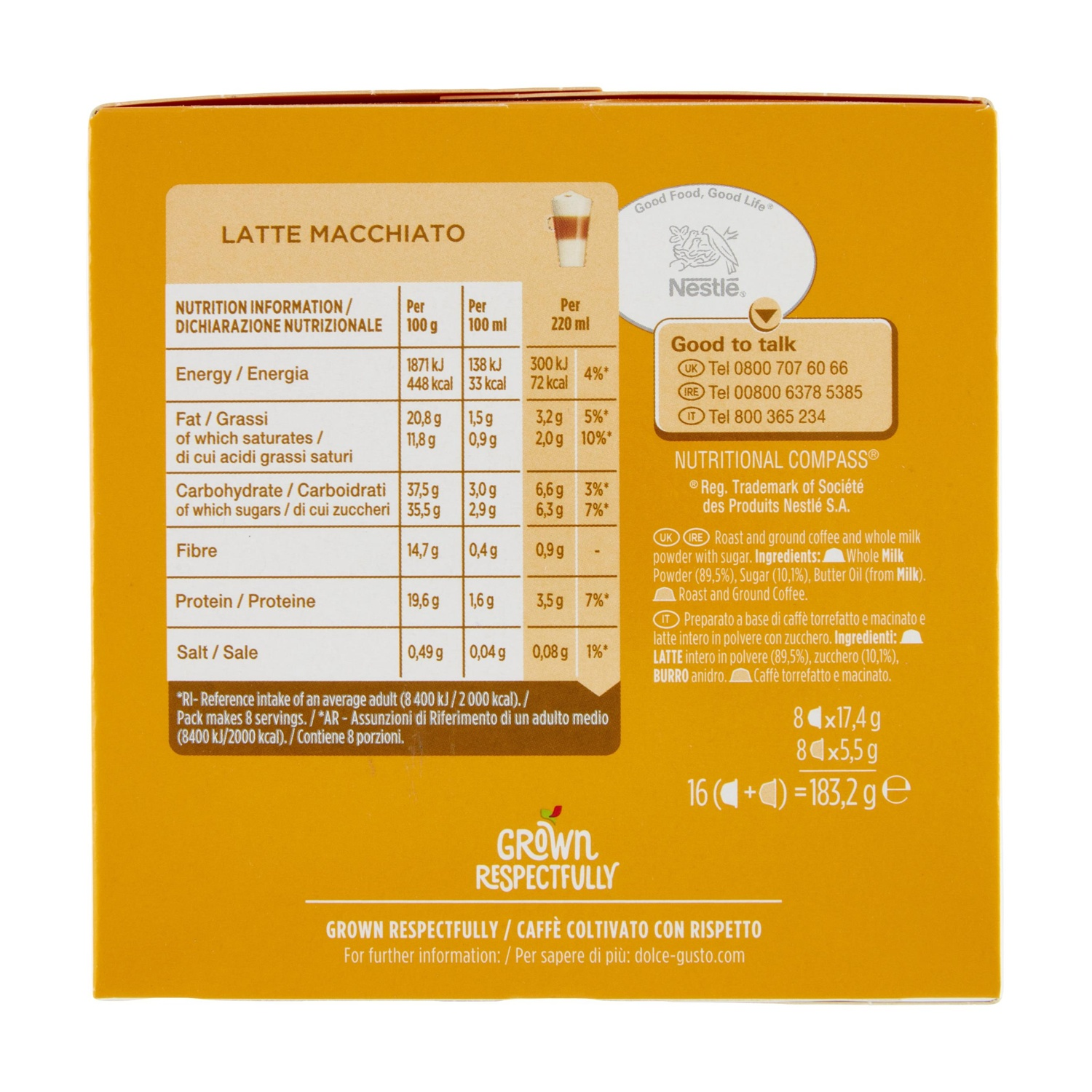 Confezione "Latte Macchiato" con informazioni nutrizionali e contatti.