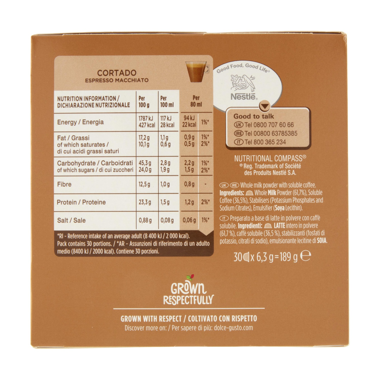 Scatola con informazioni nutrizionali per Cortado Espresso Macchiato Nestlé.