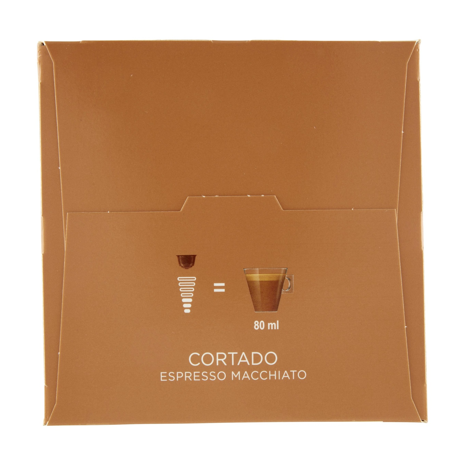 Una confezione marrone che mostra una capsula di caffè e una tazza di caffè.