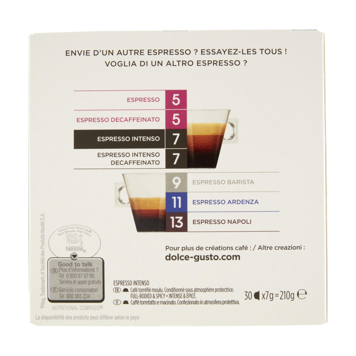 Confezione elenca tipi di espresso e livelli intensità 5, 7, 9, 11, 13.