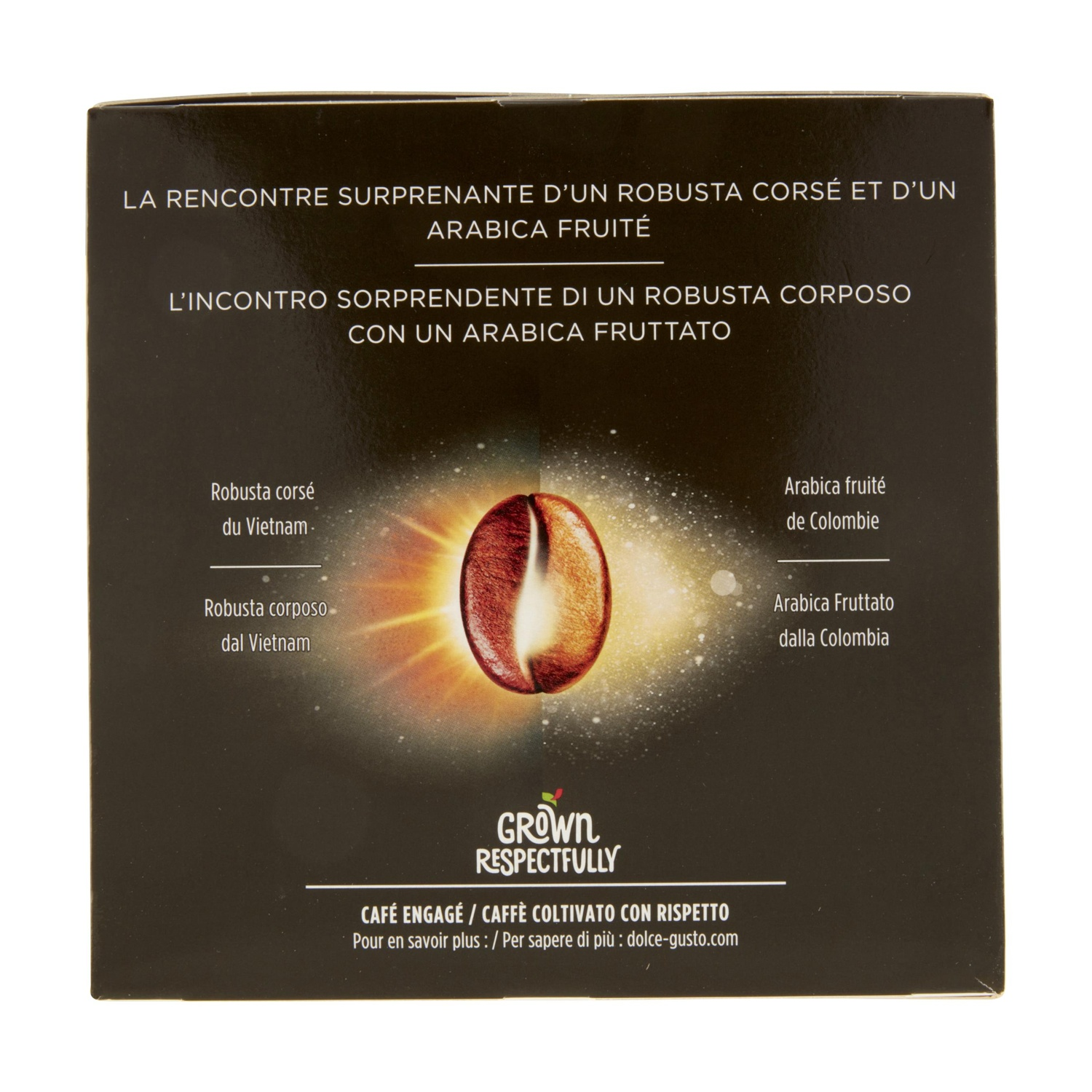 Confezione di caffè con immagine di chicco di caffè e testo in francese e italiano.