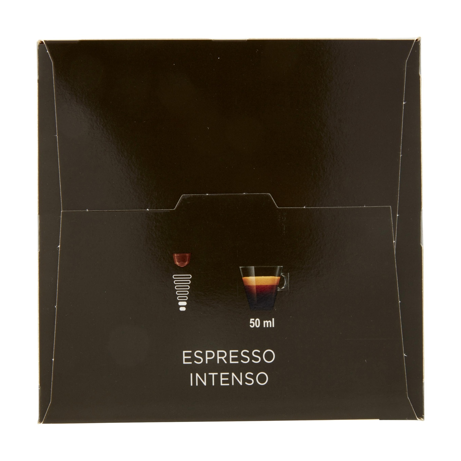 Scatola scura con icone e testo espresso intenso.