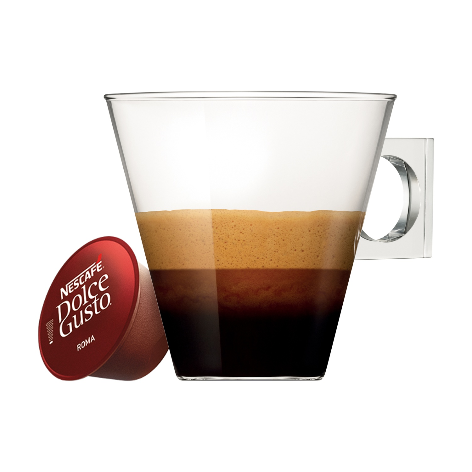Una capsula di caffè Nespresso Dolce Gusto Roma accanto a una tazza di espresso.