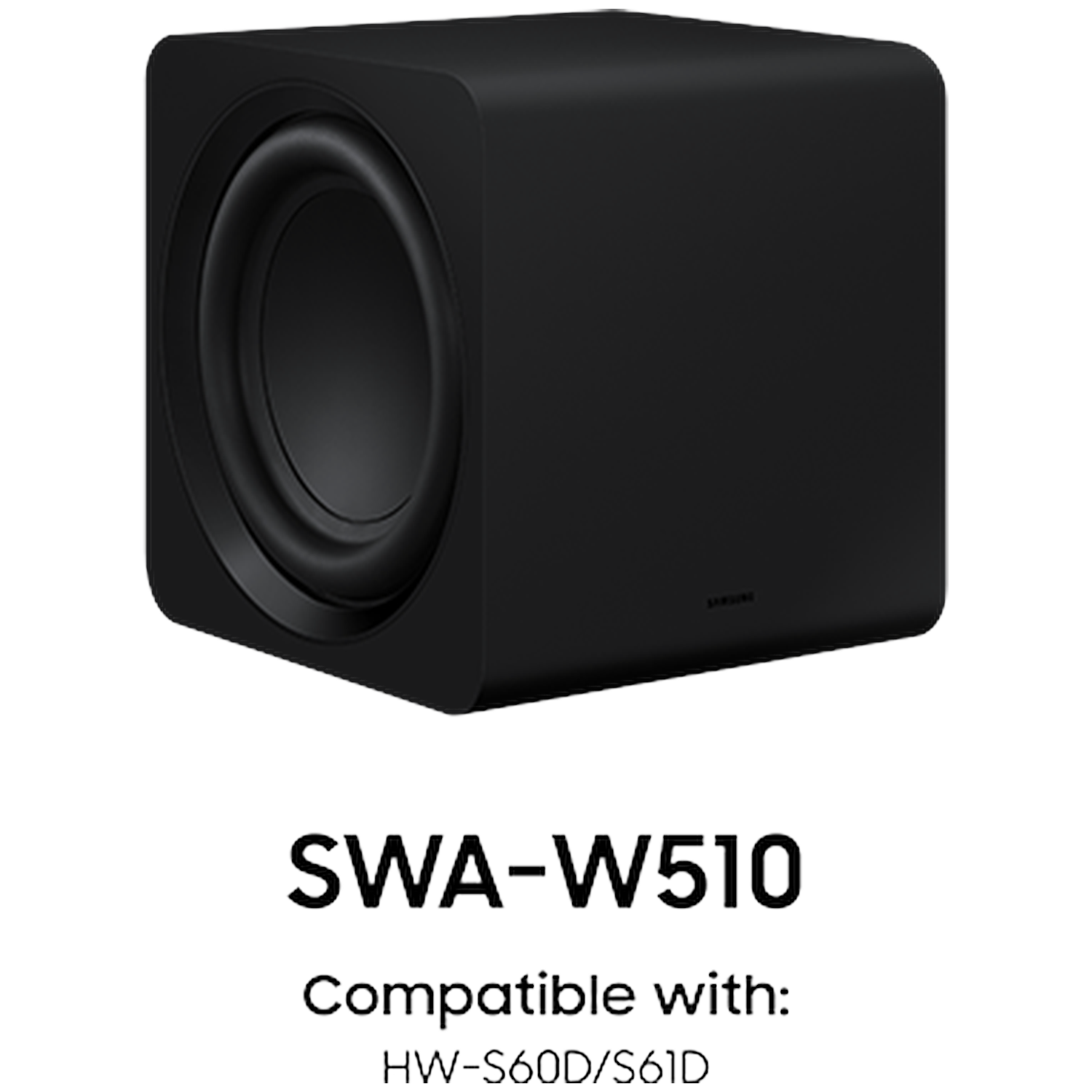 Black subwoofer with large speaker and text.