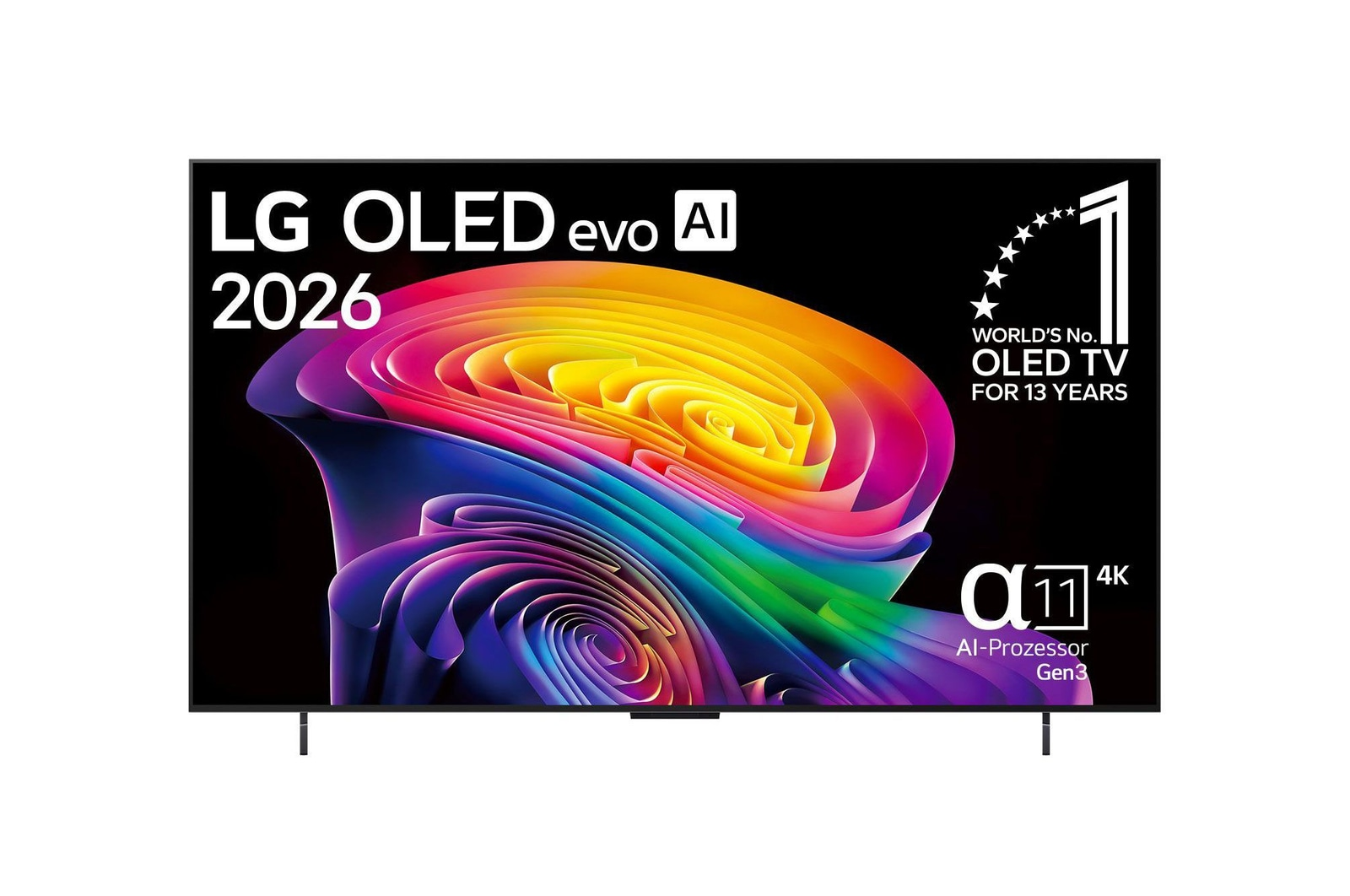 LG OLED evo AI 2026 TV mit buntem Design und "World's No. 1" Hinweis.