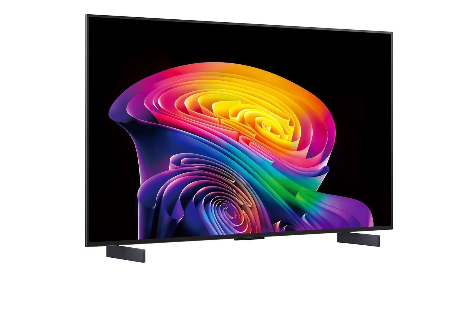 Ein moderner schwarzer Fernseher mit einem bunten, abstrakten Bild auf dem Bildschirm.