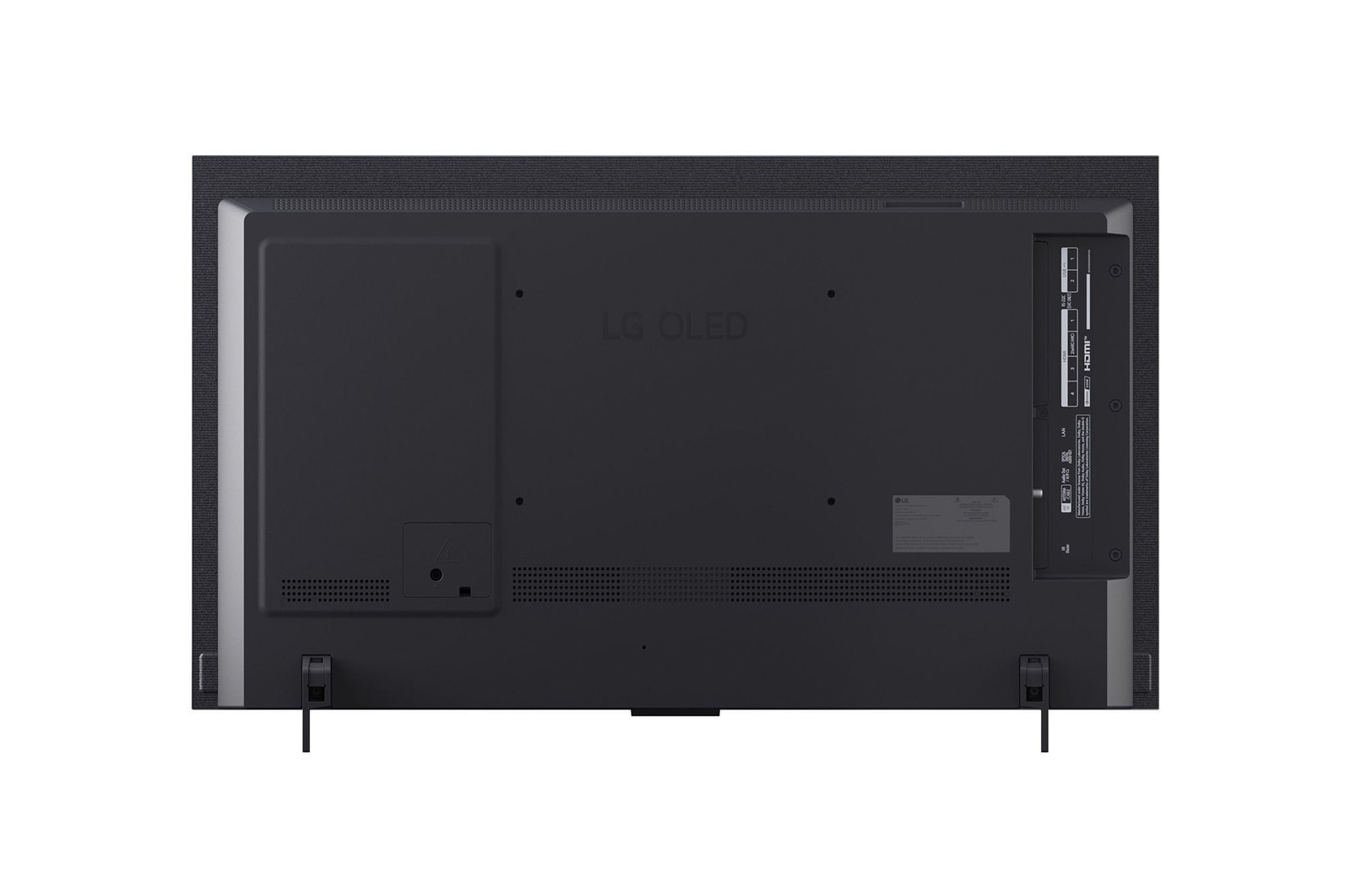 Rückseite eines schwarzen LG OLED Fernsehers mit Anschlüssen und Ständern.