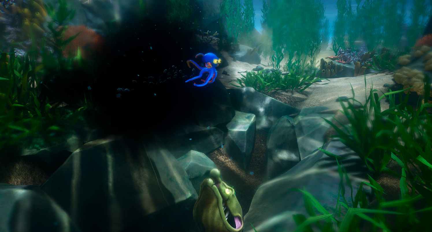 Un pulpo azul nada sobre la cabeza de una morena verde en una escena submarina rocosa.