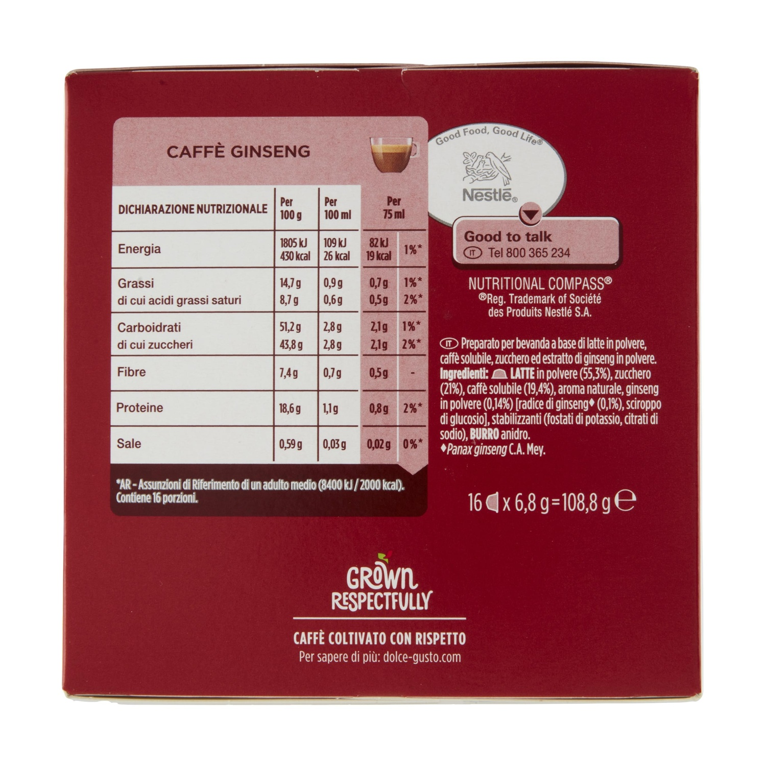 Confezione di caffè al ginseng con informazioni nutrizionali e dettagli preparazione.