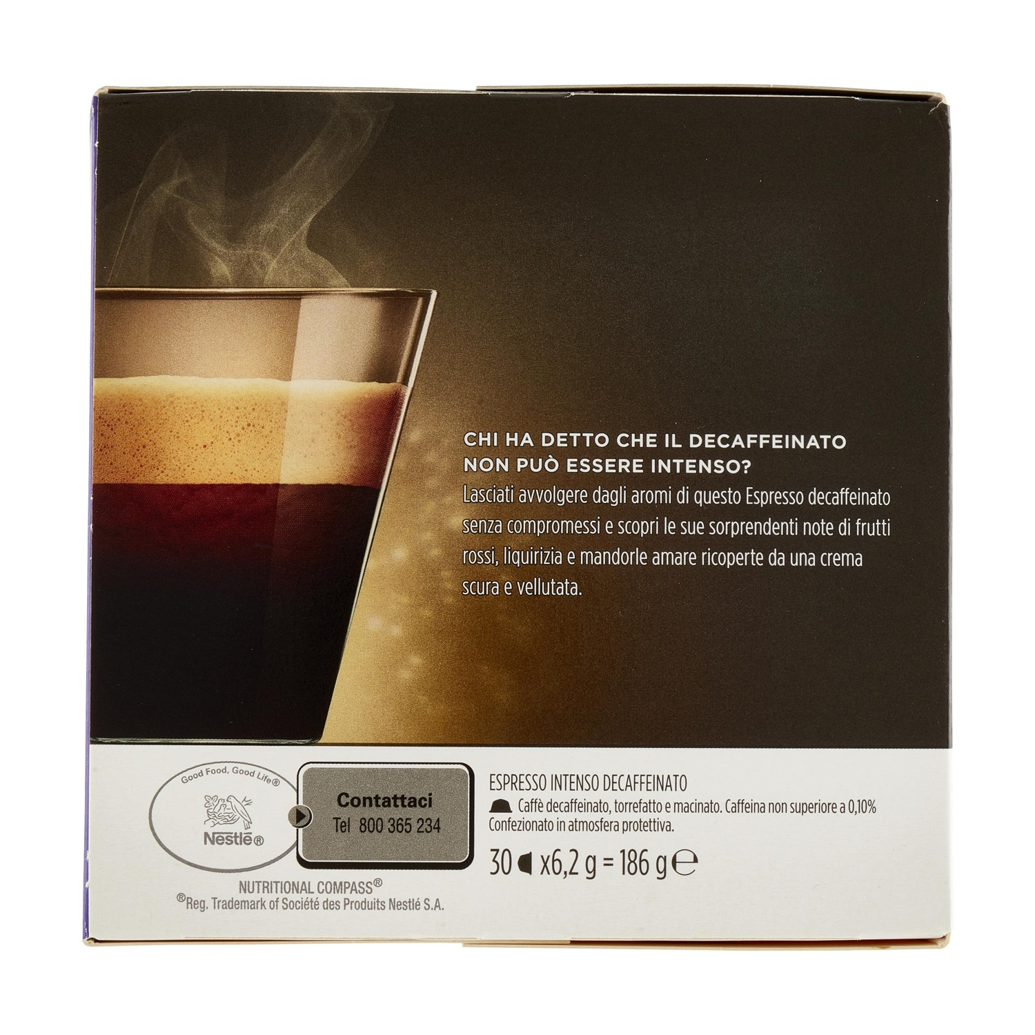 Scatola di espresso decaffeinato con bicchiere di caffè e crema. Testo in italiano.