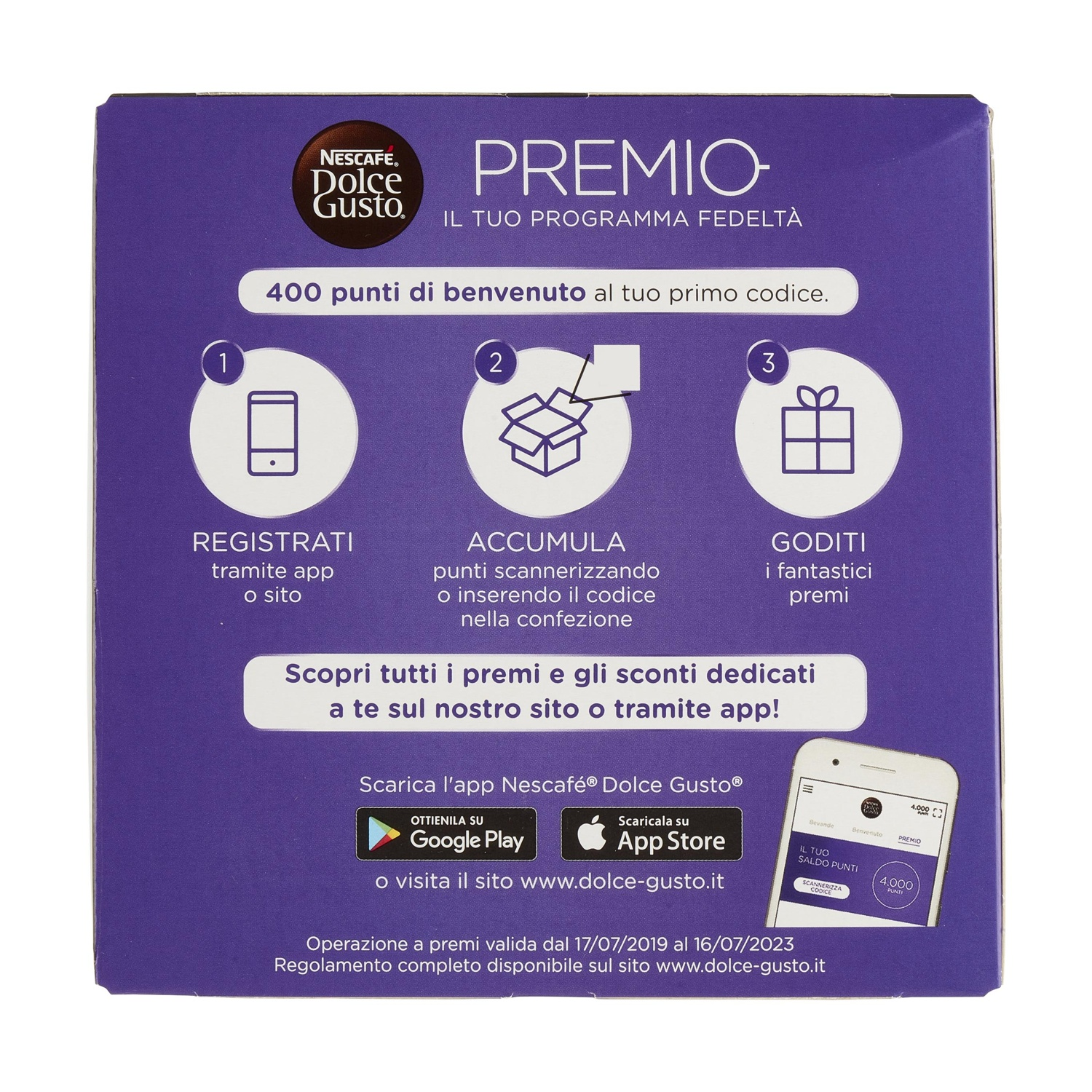 Scatola Nescafé Dolce Gusto con 3 passaggi: Registrati, Accumula punti, Goditi premi.