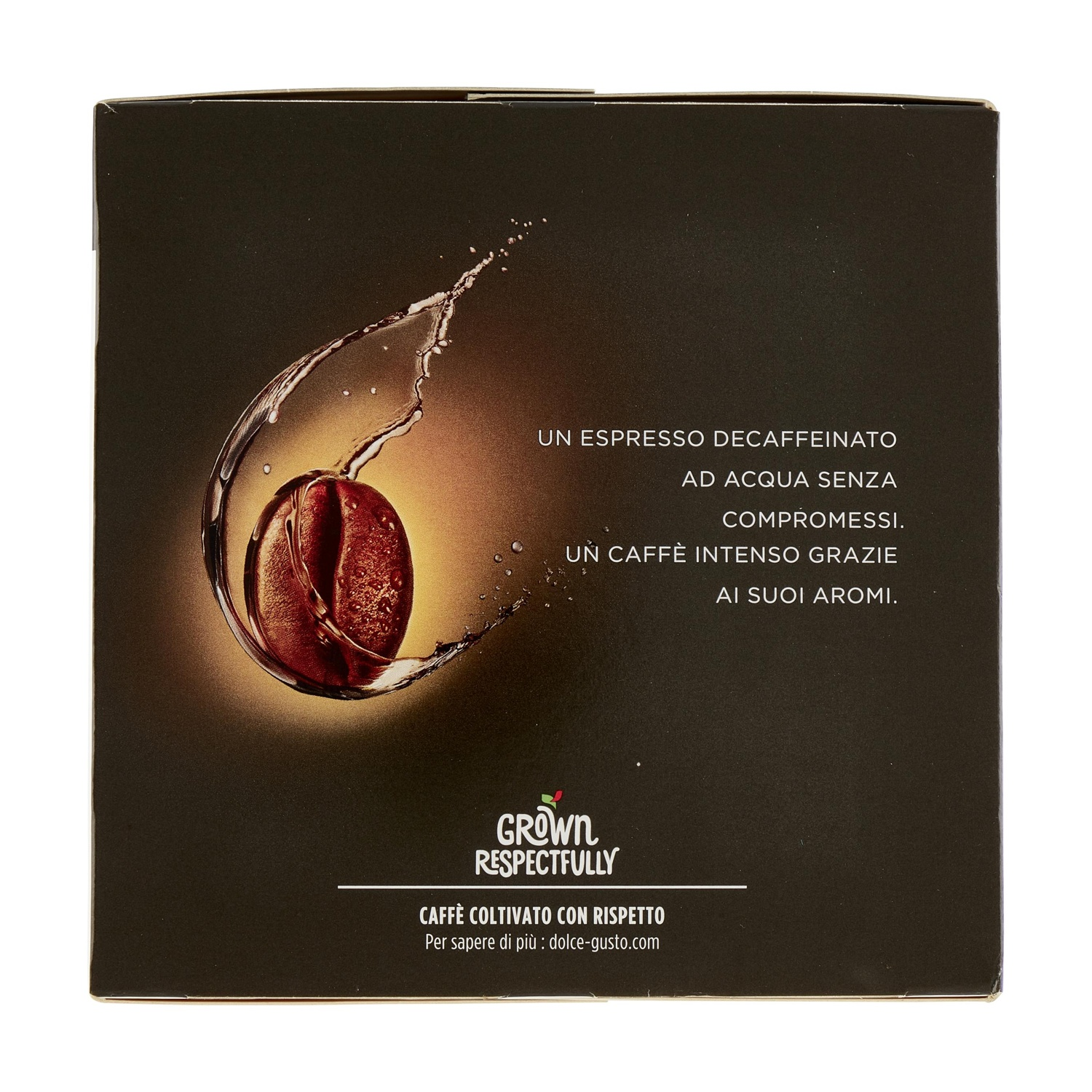 Confezione di espresso decaffeinato con chicco di caffè e schizzo d'acqua.