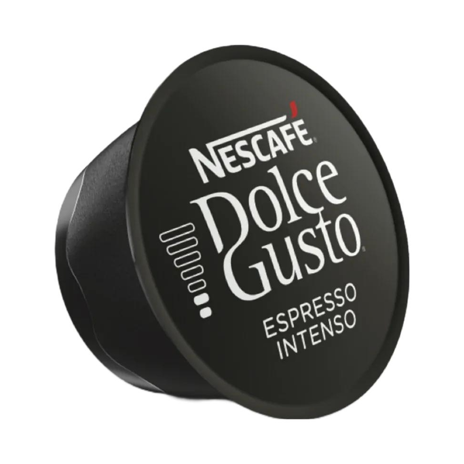 Una capsula di caffè nera con la scritta Nescafé Dolce Gusto Espresso Intenso.