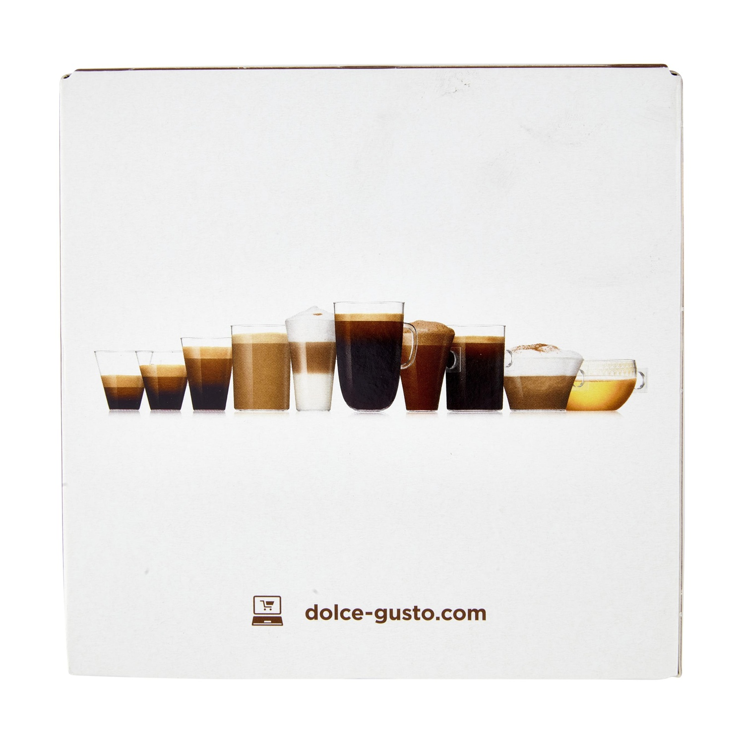 Una fila di bicchieri da caffè con varie bevande e dolce-gusto.com