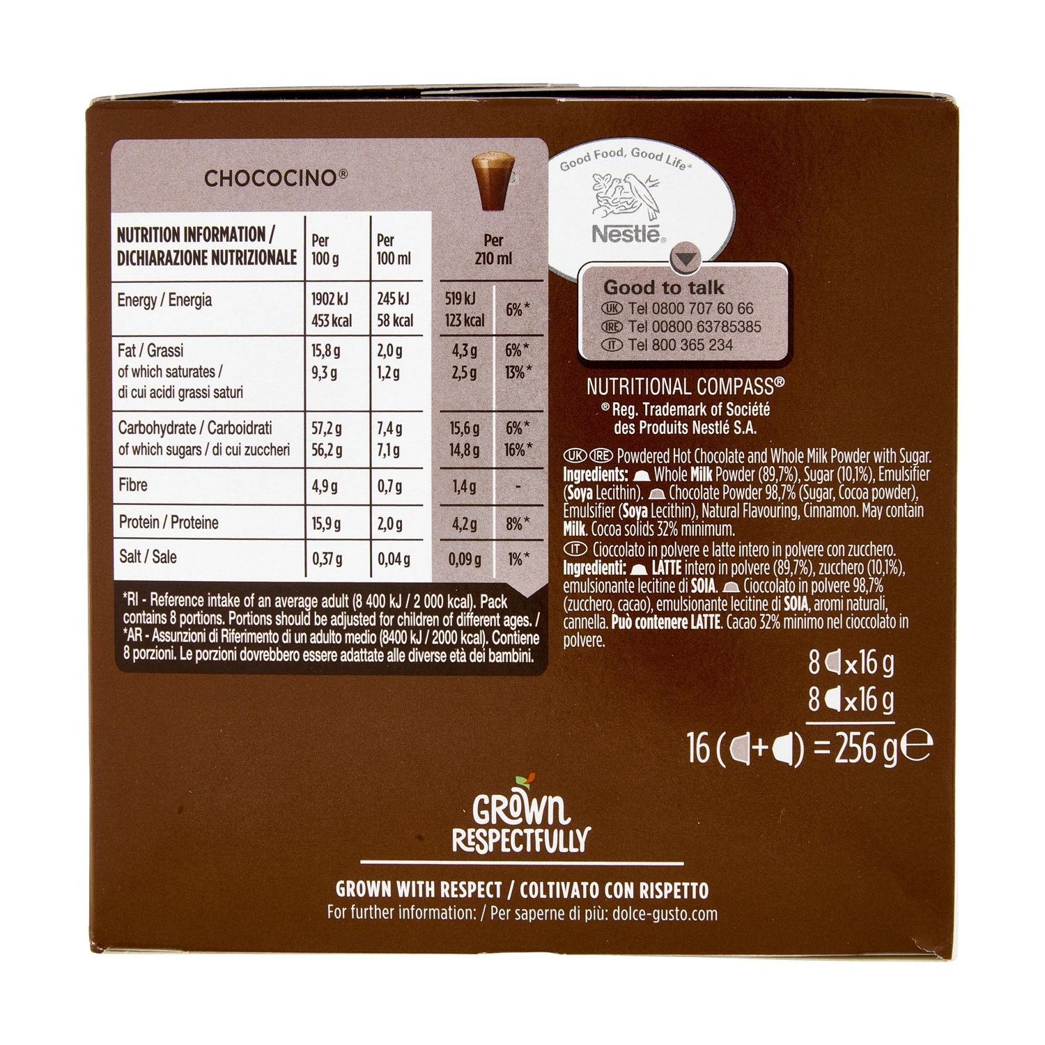 Confezione con informazioni nutrizionali per Chococcino. Contiene 8x16g porzioni.