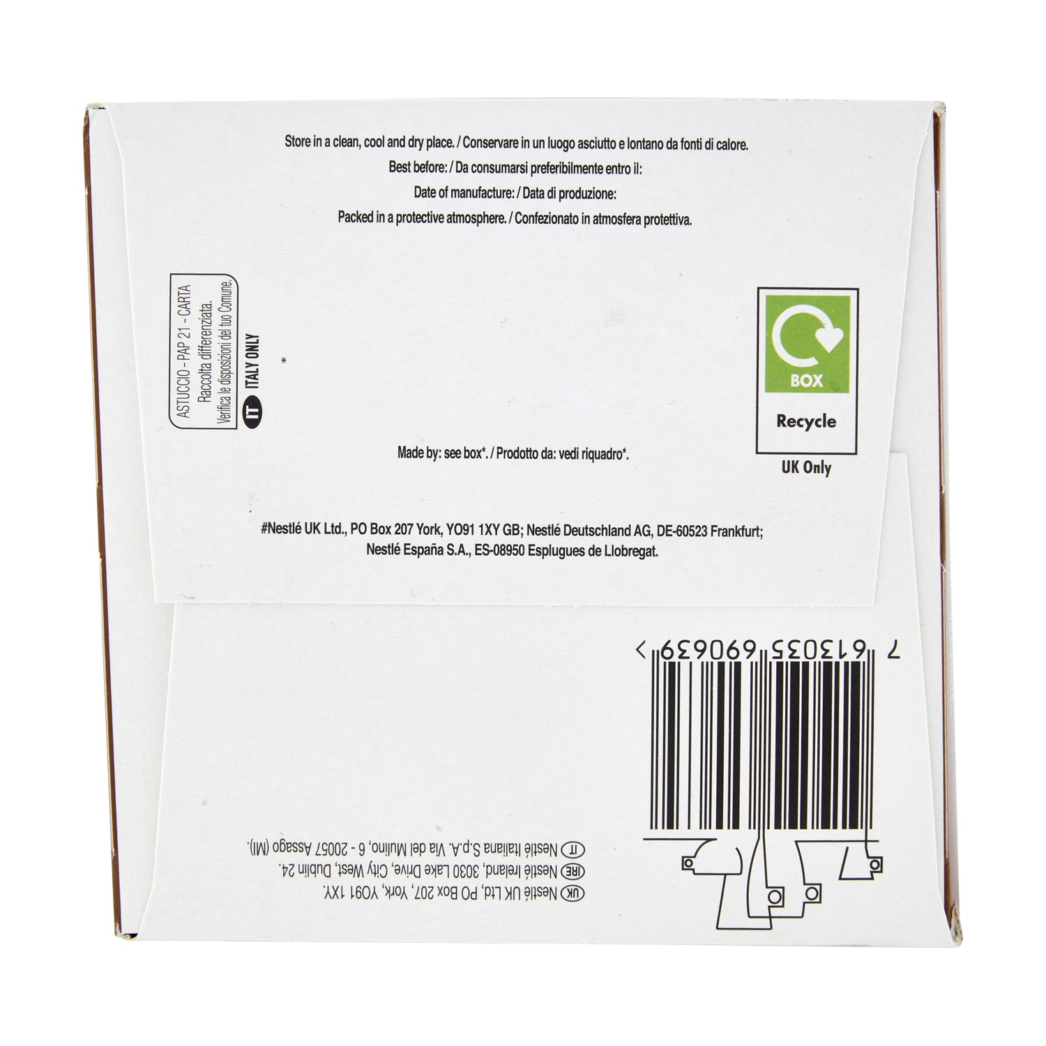 Confezione con istruzioni di conservazione, codice a barre e info produttore Nestlé.