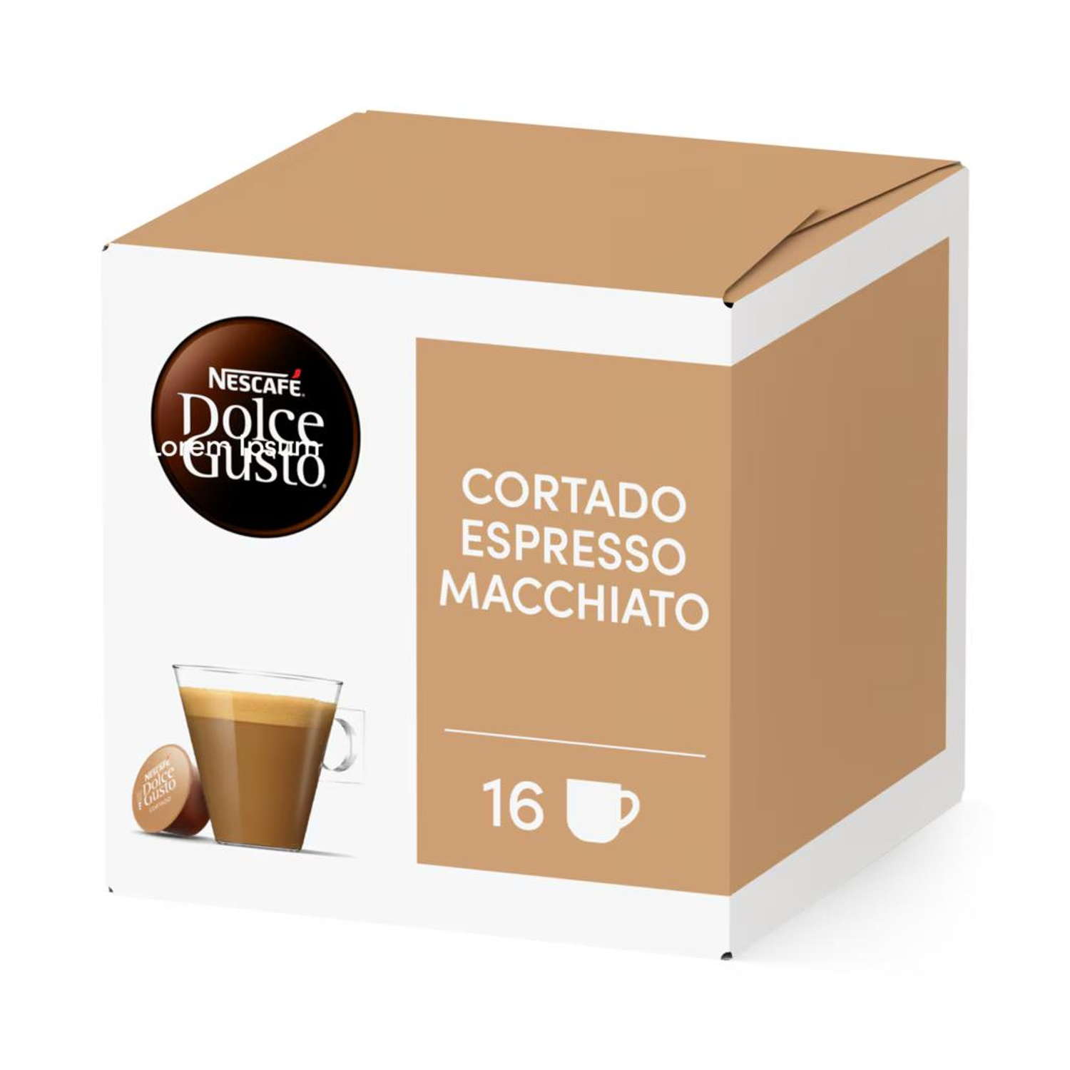 Scatola Nescafé Dolce Gusto marrone per Cortado Espresso Macchiato, 16 capsule.