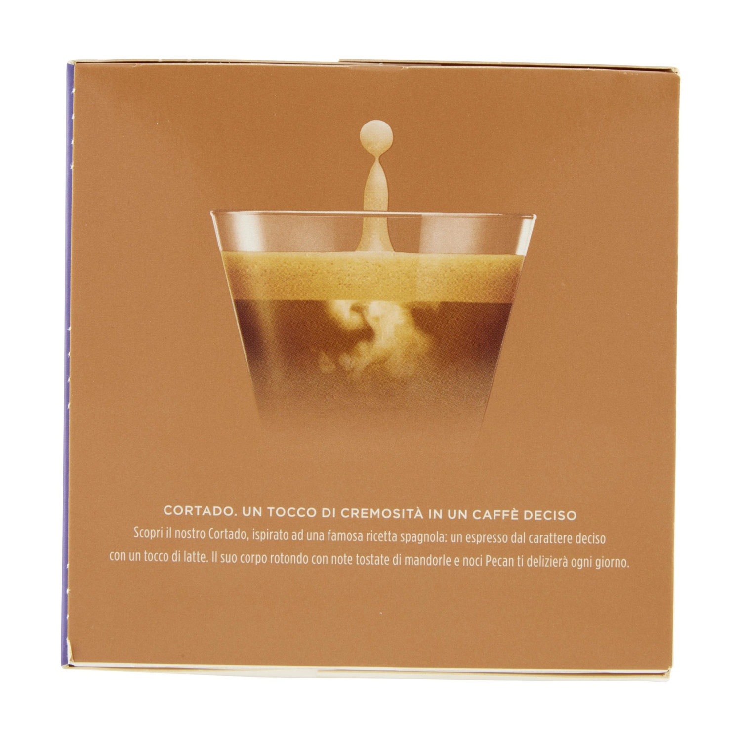 Confezione marrone mostra un bicchiere di caffè con goccia di latte.